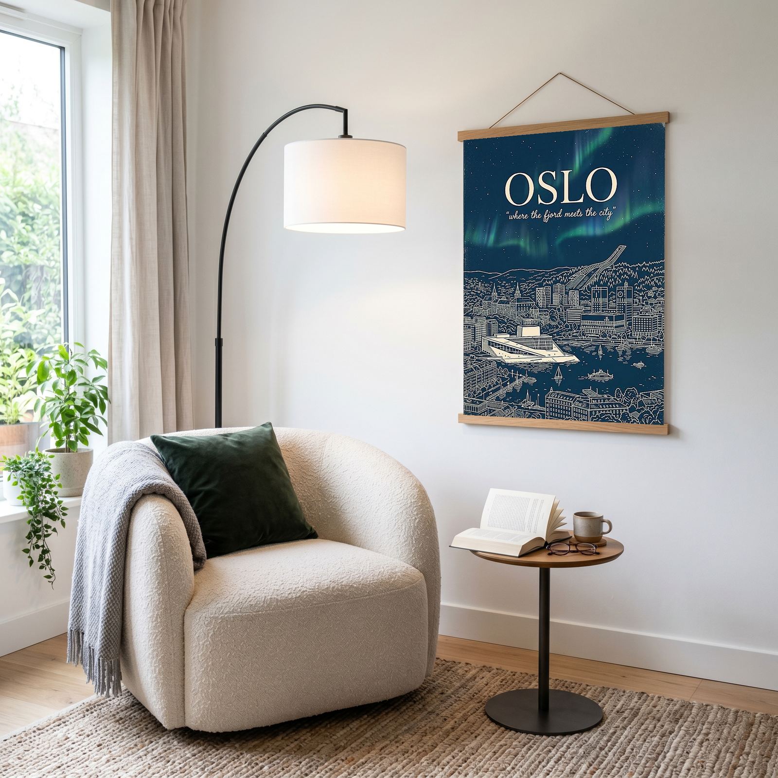 Oslo Line Art Print — Navy Opera House Fjord Aurora Borealis Skyline Wall Art
