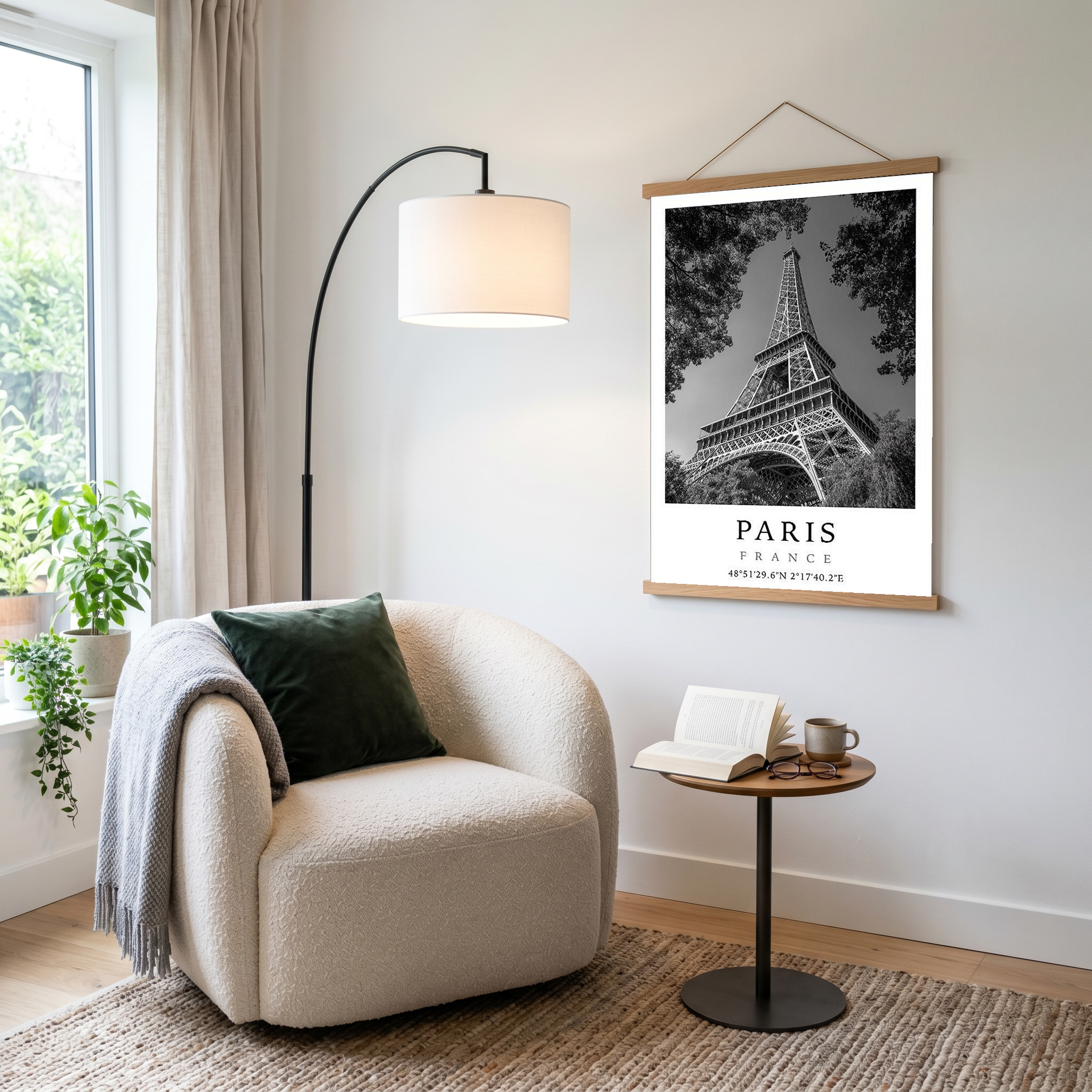 Paris Eiffel Tower Poster — Black and White France Coordinates Print