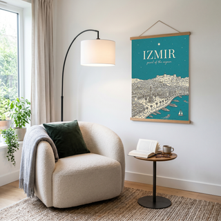 İzmir Line Art Print — Teal Clock Tower Kadifekale Aegean Coast Wall Art