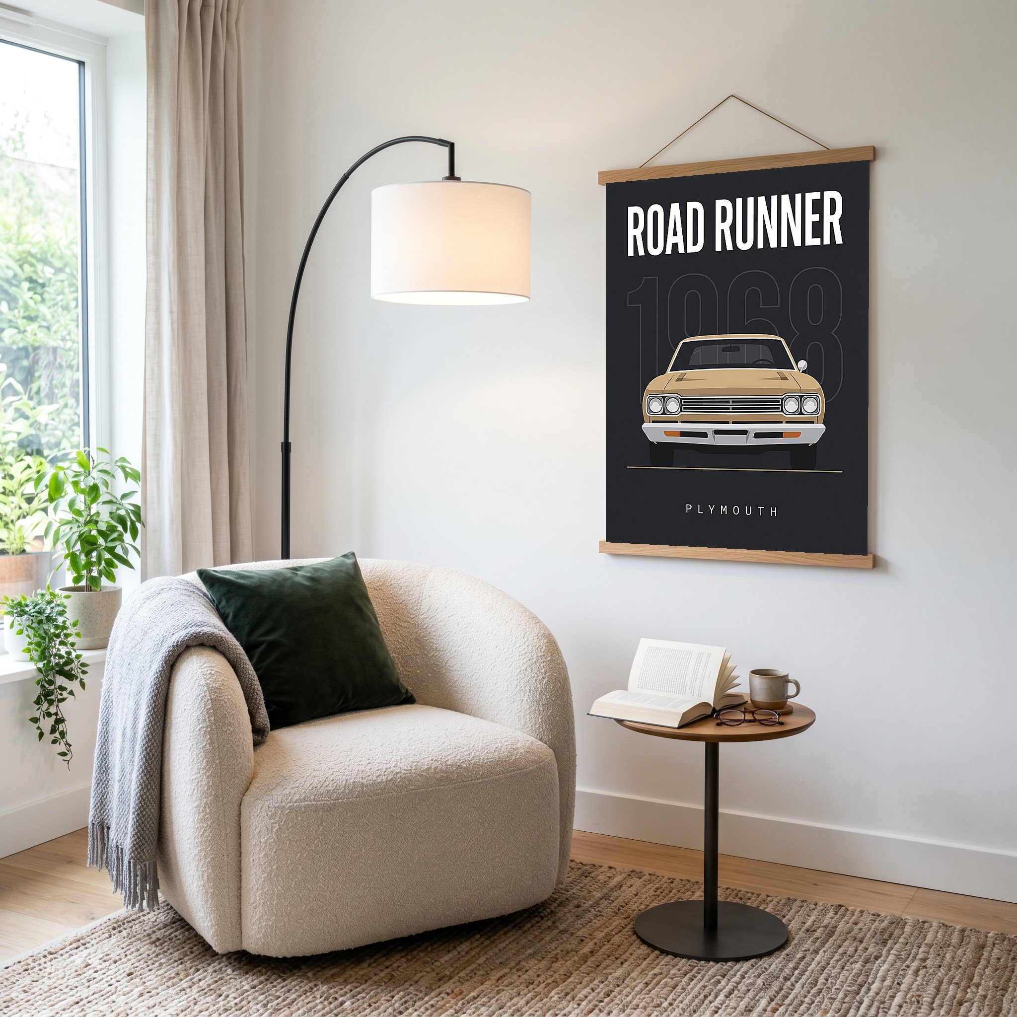 Plymouth Road Runner 1968 V2 Minimalist Poster — Sand on Charcoal Muscle Line Art