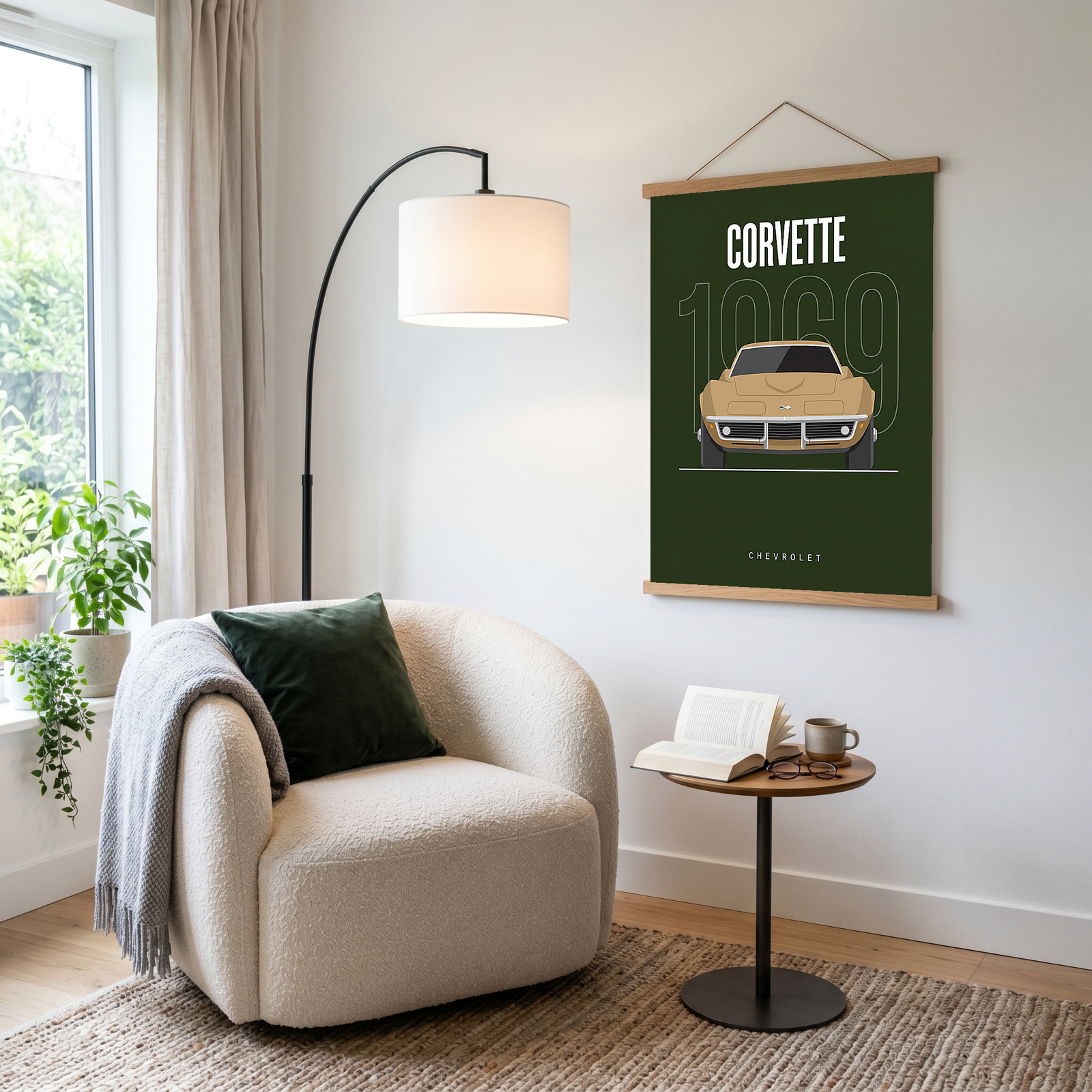 Chevrolet Corvette 1969 Minimalist Poster — Forest Green Muscle Car Line Art