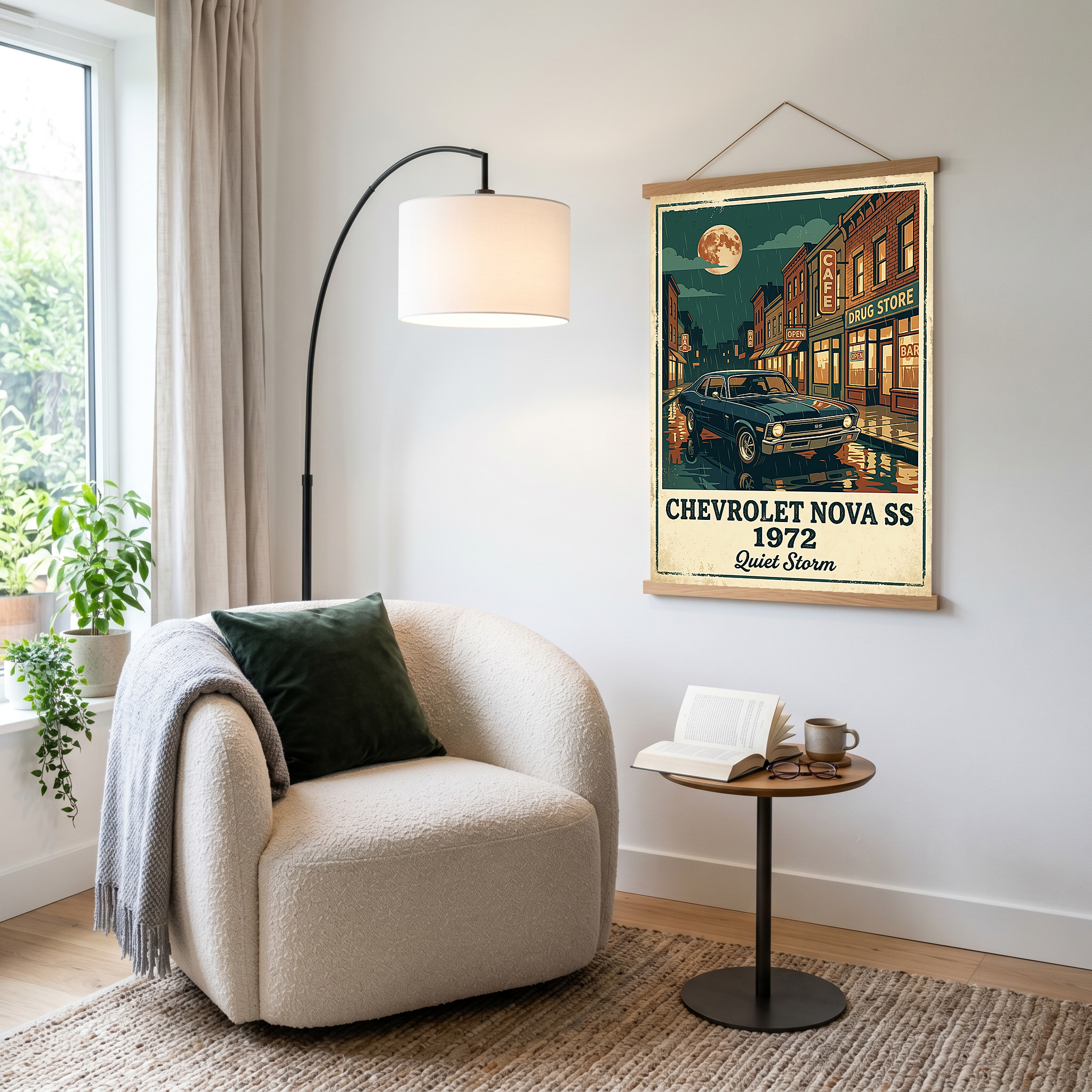 Chevrolet Nova SS 1972 Poster — Vintage Muscle Car Rainy Night Street Print