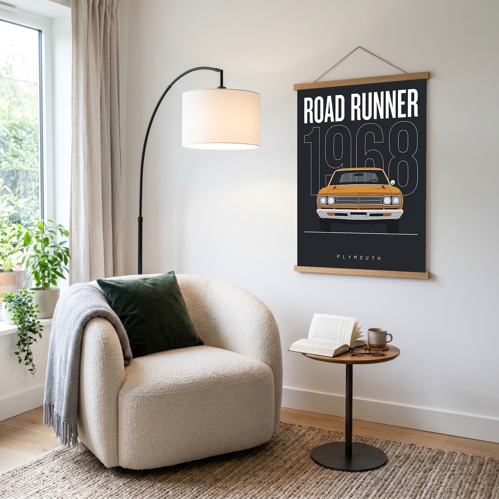 Plymouth Road Runner 1968 Minimalist Poster — Charcoal Muscle Car Line Art