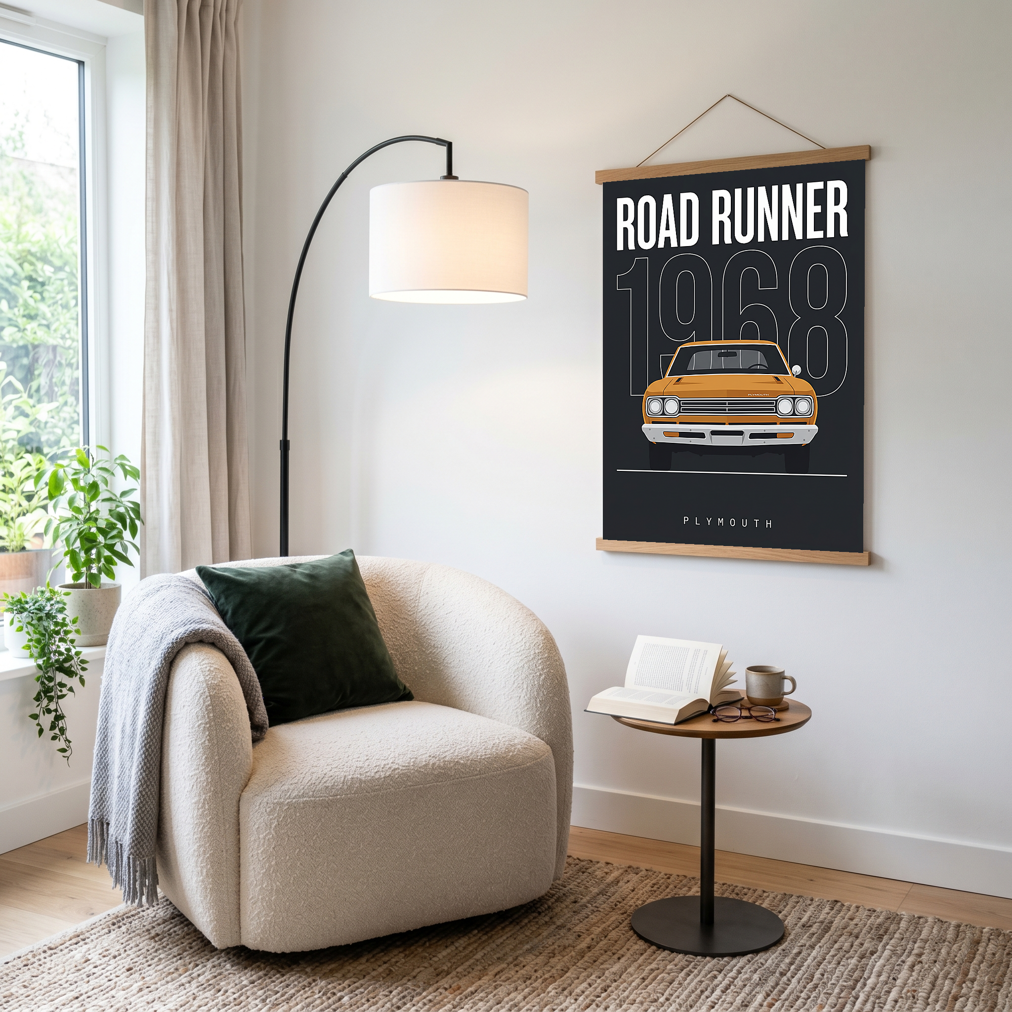 Plymouth Road Runner 1968 Minimalist Poster — Charcoal Muscle Car Line Art