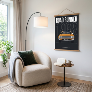 Plymouth Road Runner 1968 Minimalist Poster — Charcoal Muscle Car Line Art