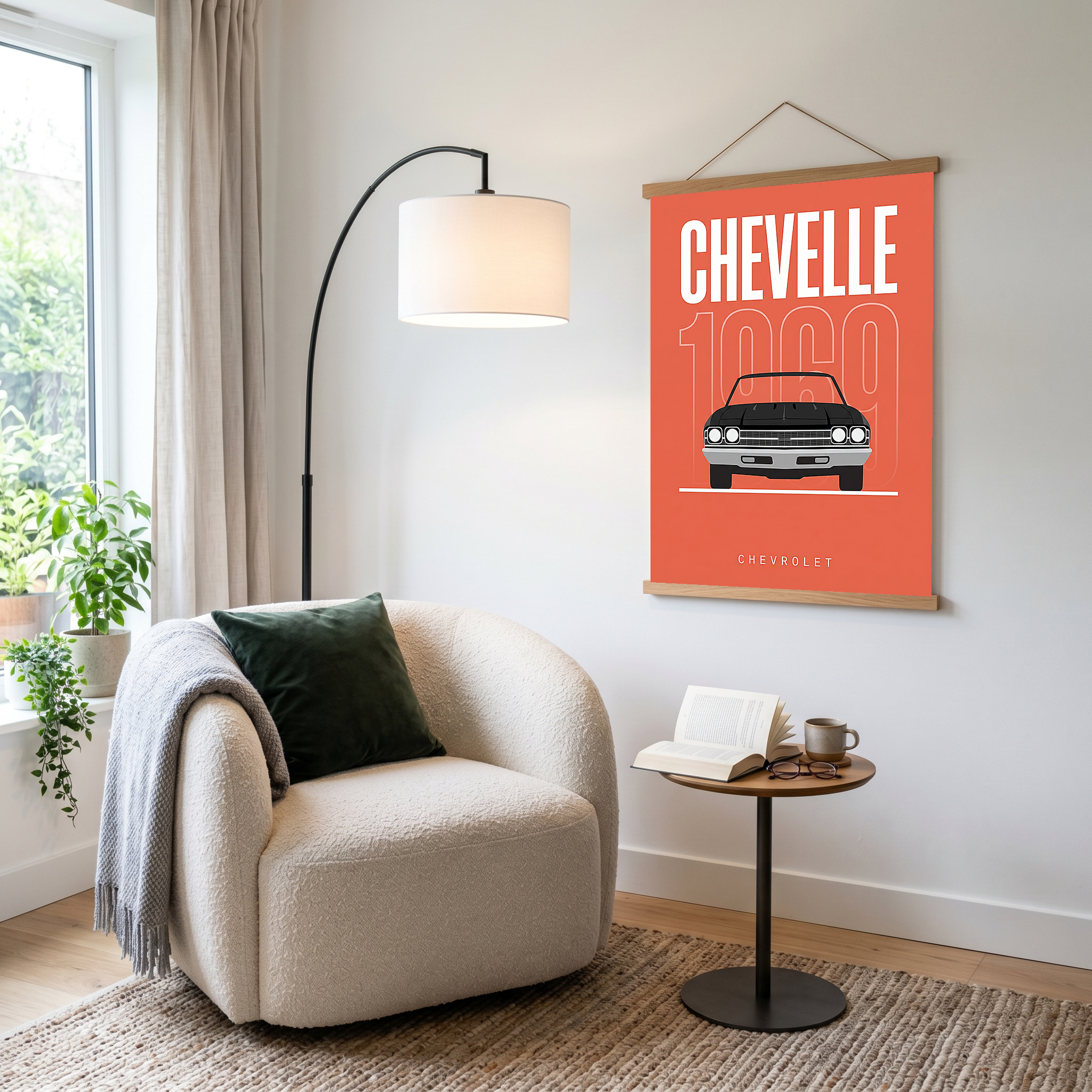 Chevrolet Chevelle 1969 Minimalist Poster — Coral Convertible Muscle Line Art