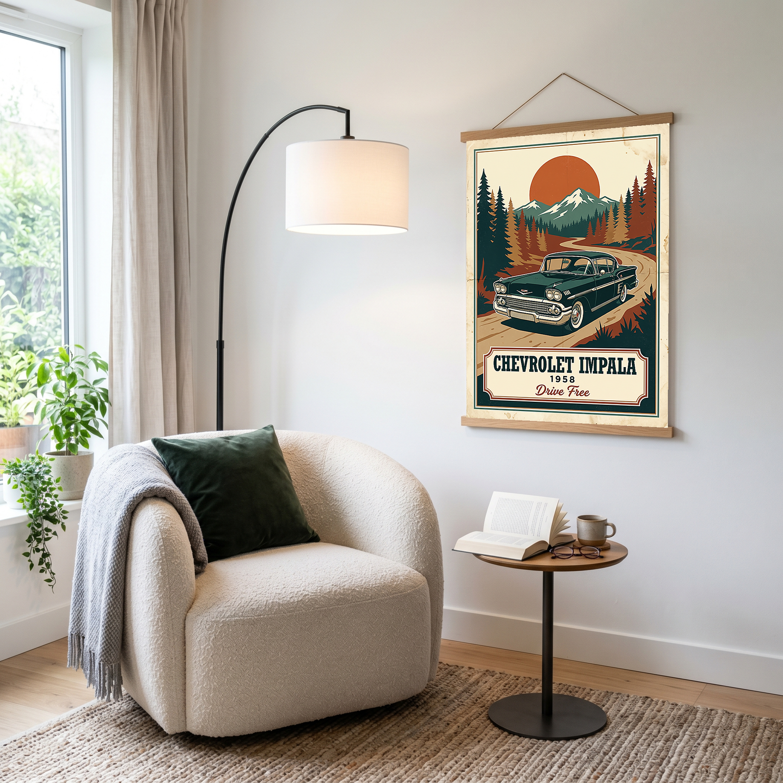 Chevrolet Impala 1958 Poster — Vintage Muscle Mountain Pine Sunset Print