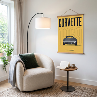Chevrolet Corvette 1969 V2 Yellow Minimalist Poster — Muscle Car Line Art