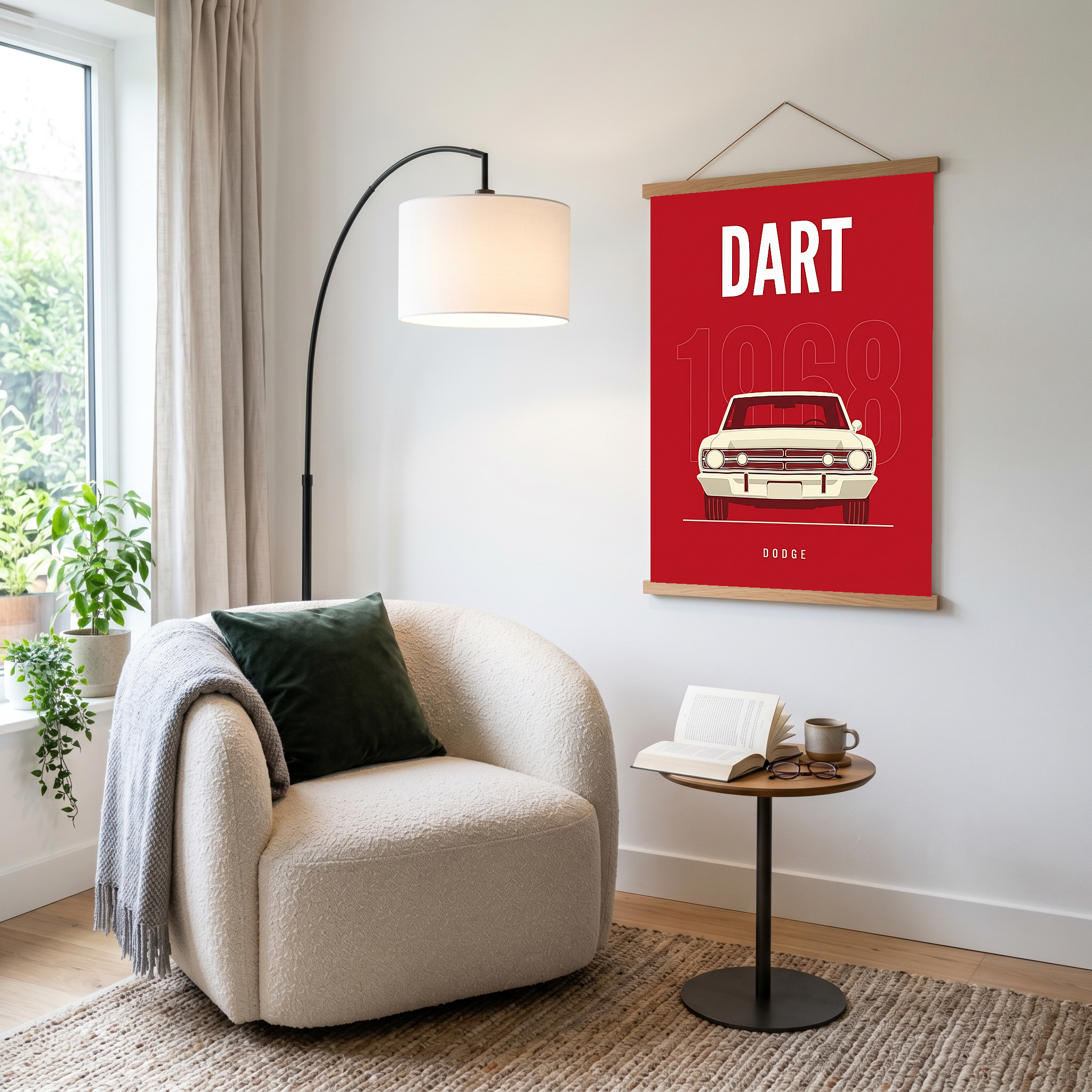 Dodge Dart 1968 Minimalist Poster — Ivory on Cherry Red Muscle Line Art