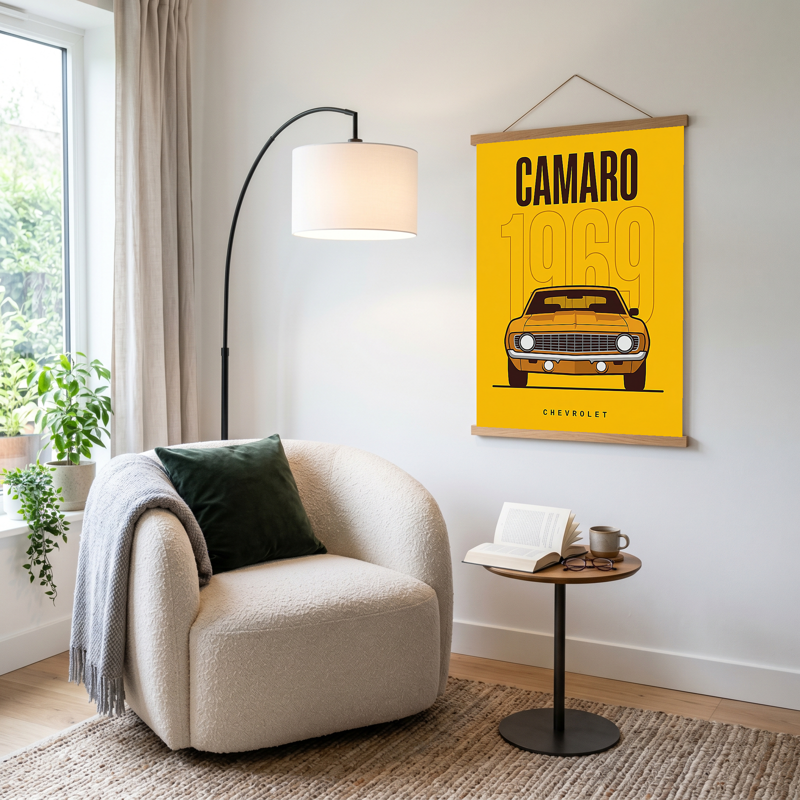 Chevrolet Camaro 1969 V2 Yellow Minimalist Poster — Muscle Car Line Art