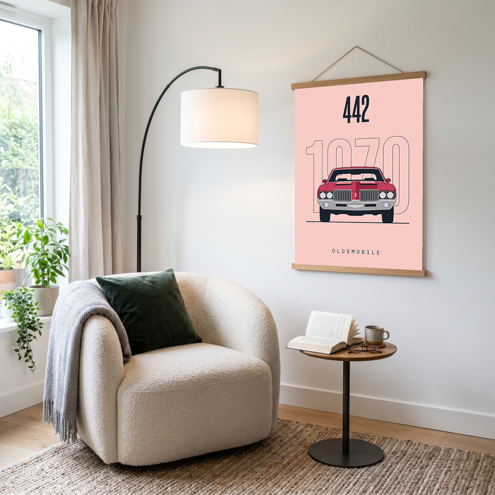 Oldsmobile 442 1970 Minimalist Poster — Blush Pink Muscle Car Line Art