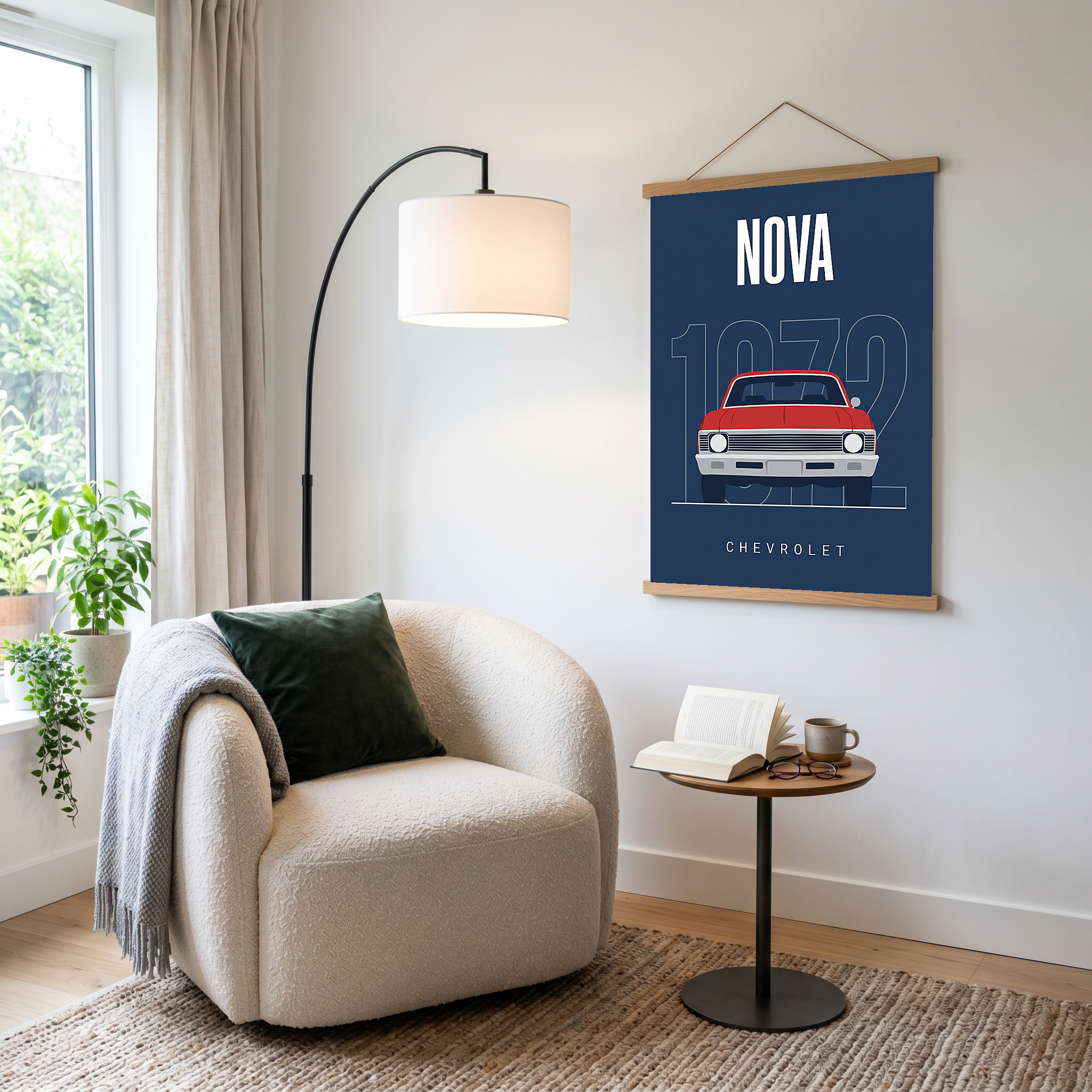 Chevrolet Nova 1972 Minimalist Poster — Red on Navy Compact Muscle Line Art