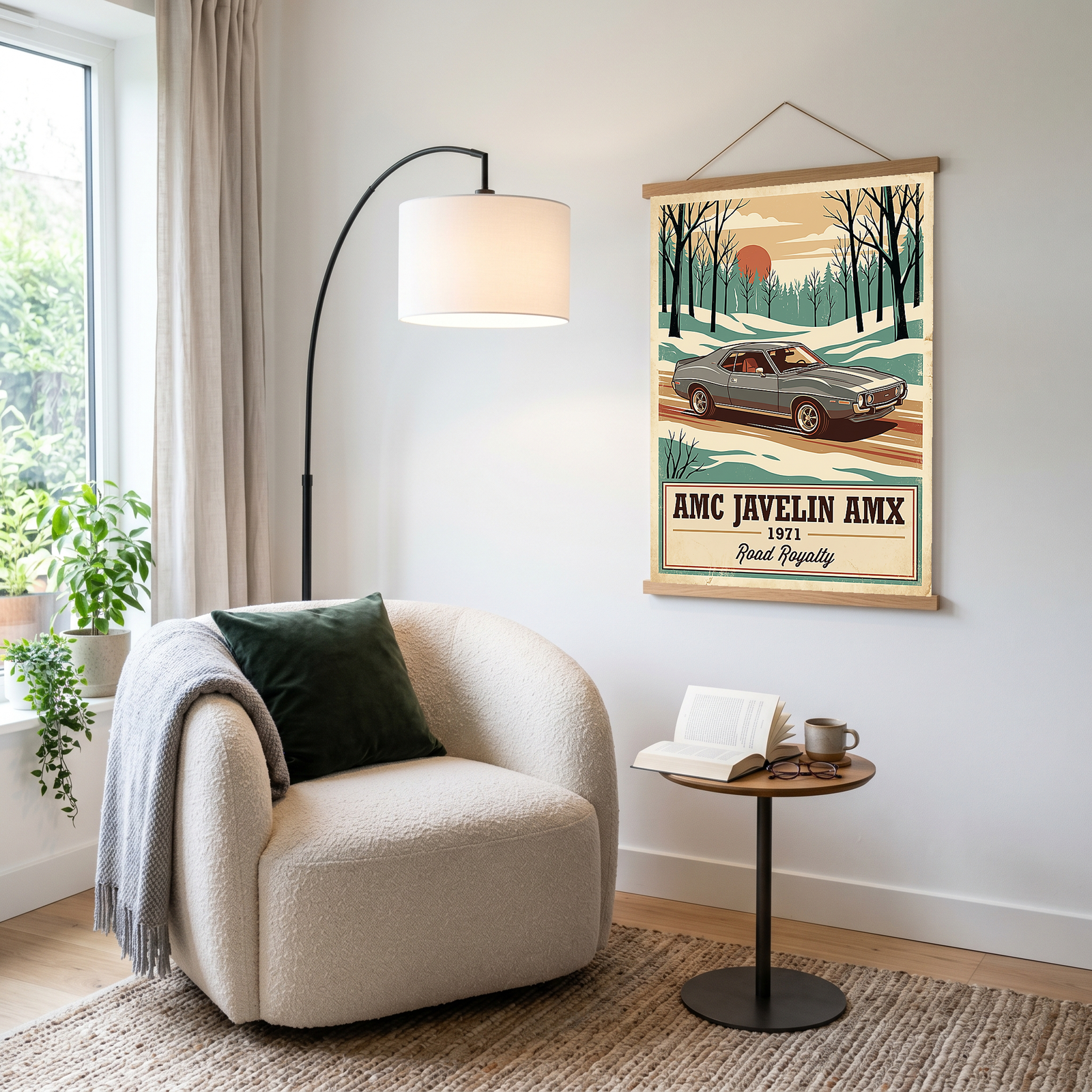 AMC Javelin AMX 1971 V2 Poster — Vintage Muscle Winter Snow Birch Forest Print