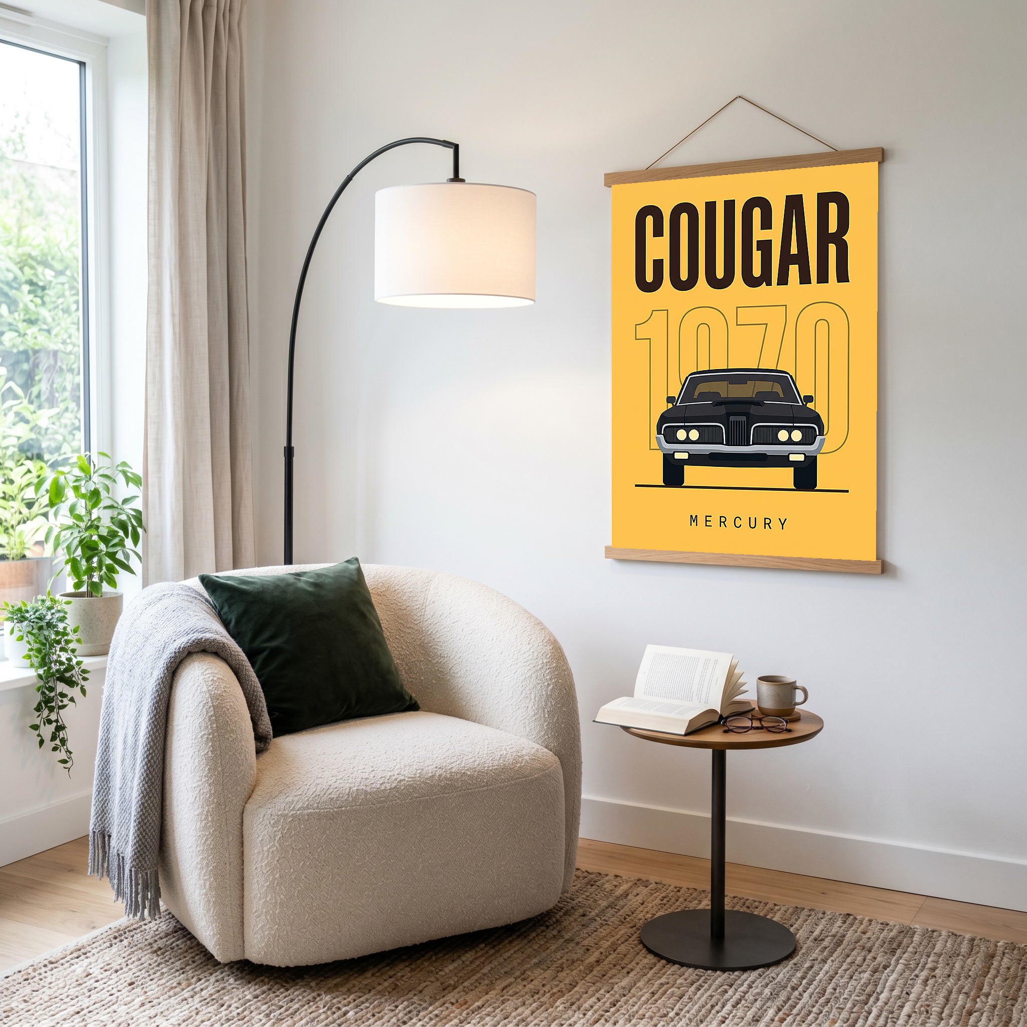 Mercury Cougar 1970 Minimalist Poster — Golden Yellow Muscle Car Line Art