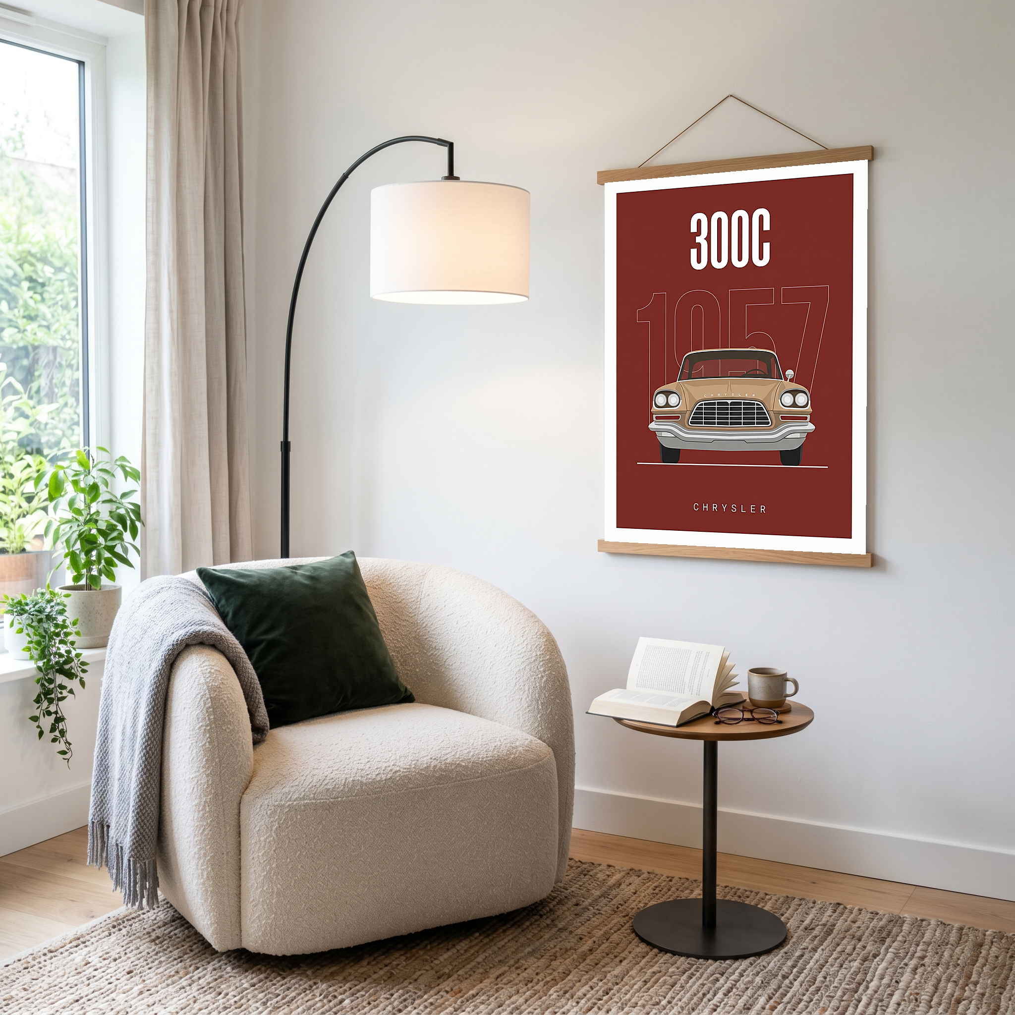 Chrysler 300C 1957 Minimalist Poster — Crimson Letter Series Line Art