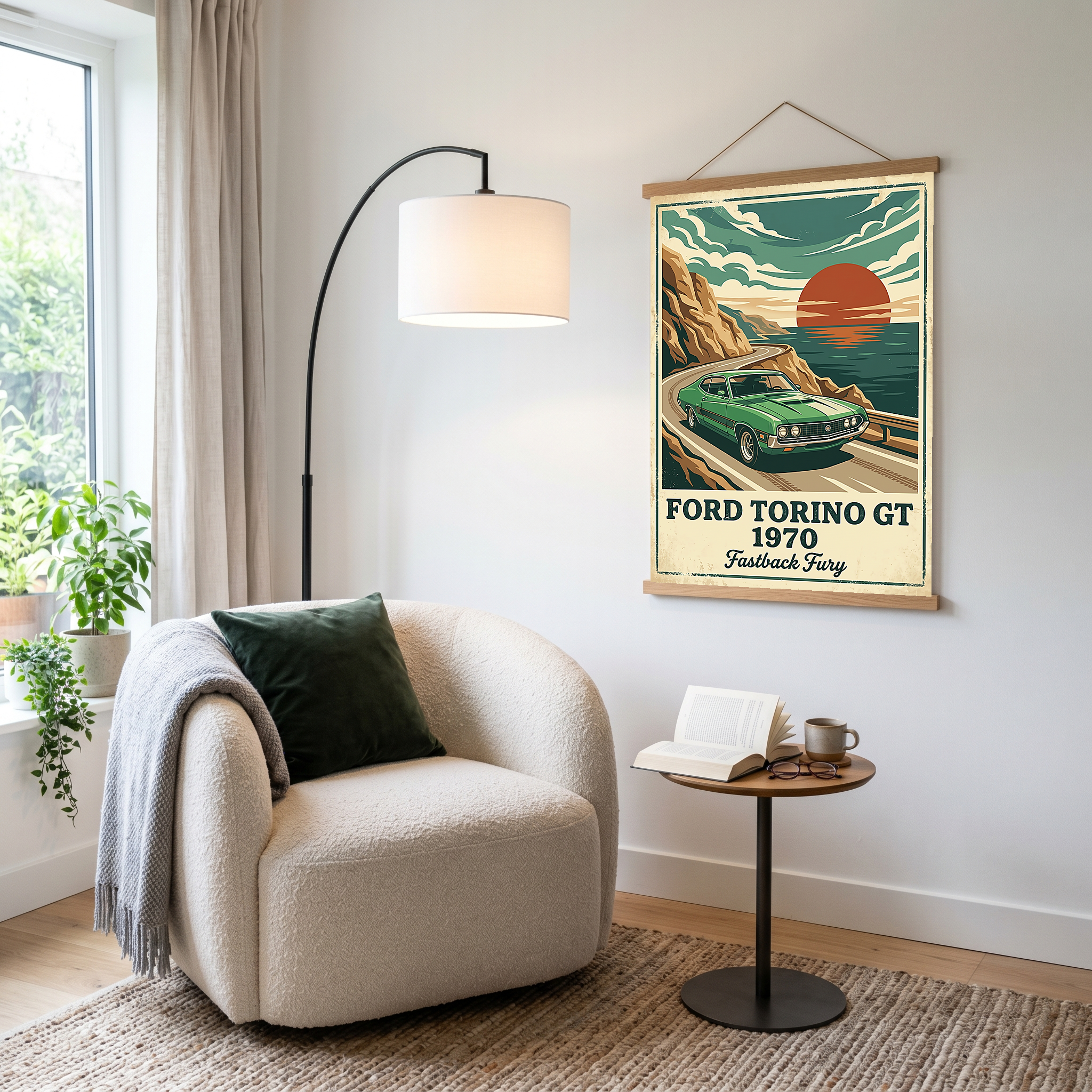 Ford Torino GT 1970 Poster — Vintage Muscle Car Coastal Cliff Sunset Print