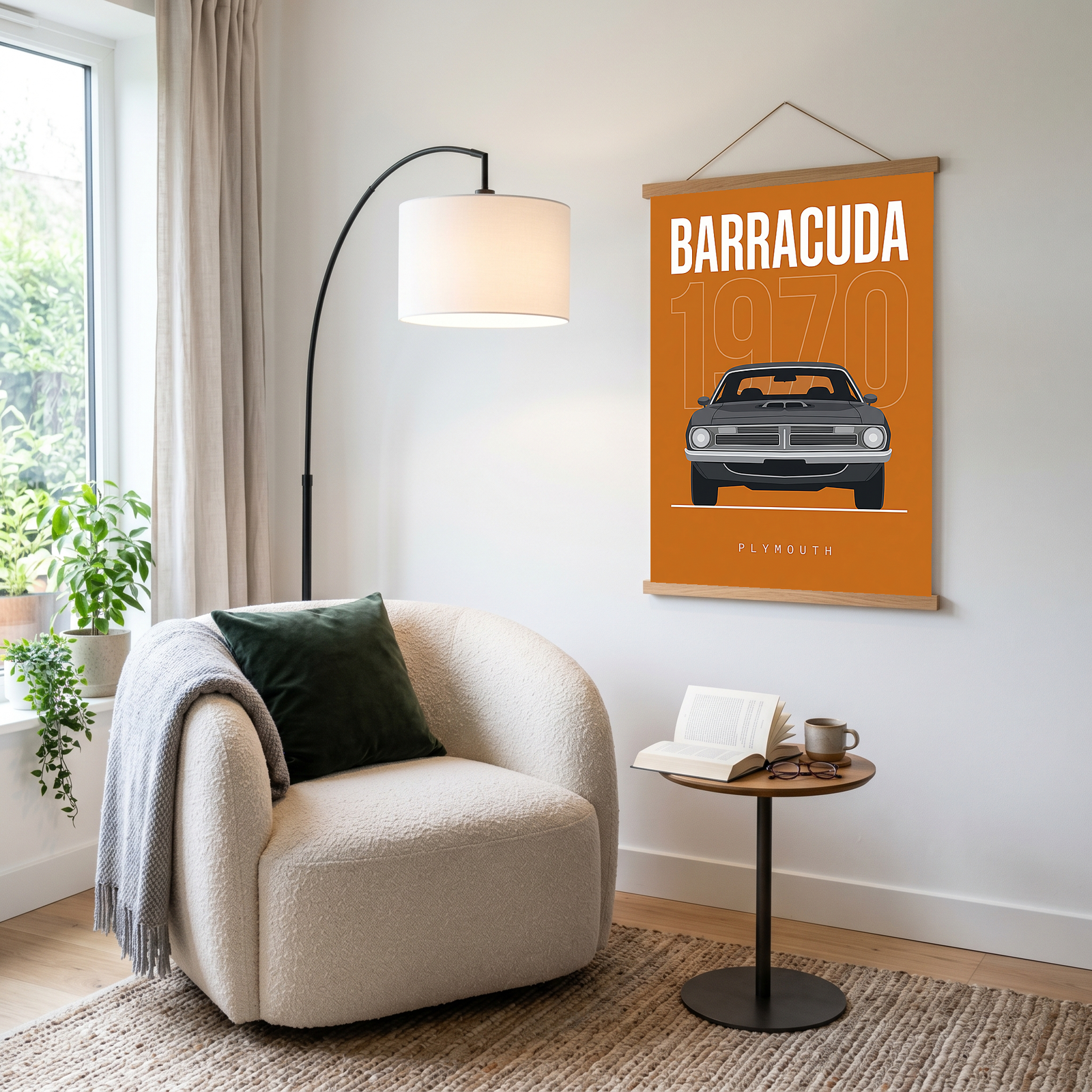 Plymouth Barracuda 1970 Minimalist Poster — Orange Muscle Car Line Art