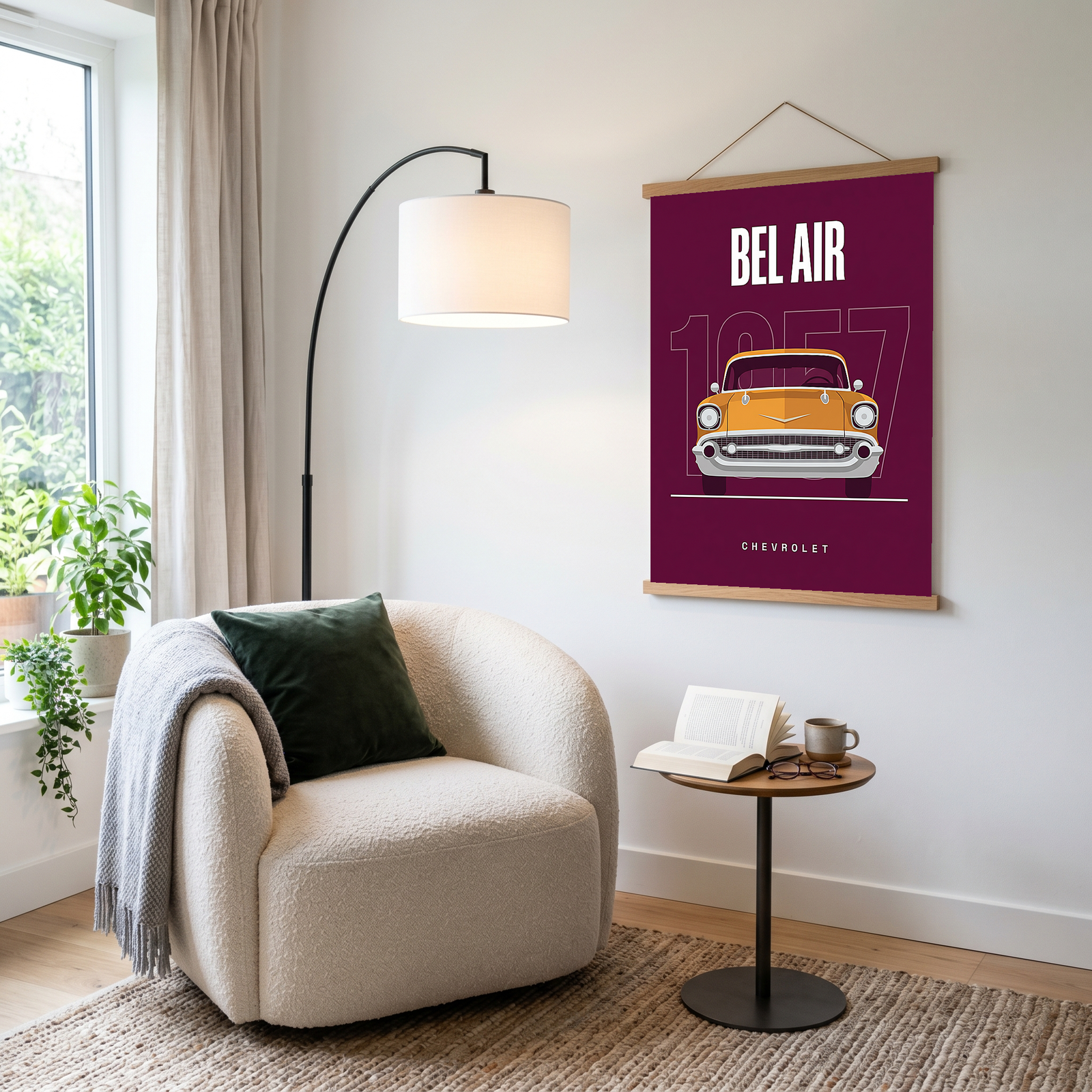 Chevrolet Bel Air 1957 Minimalist Poster — Burgundy Classic Car Line Art