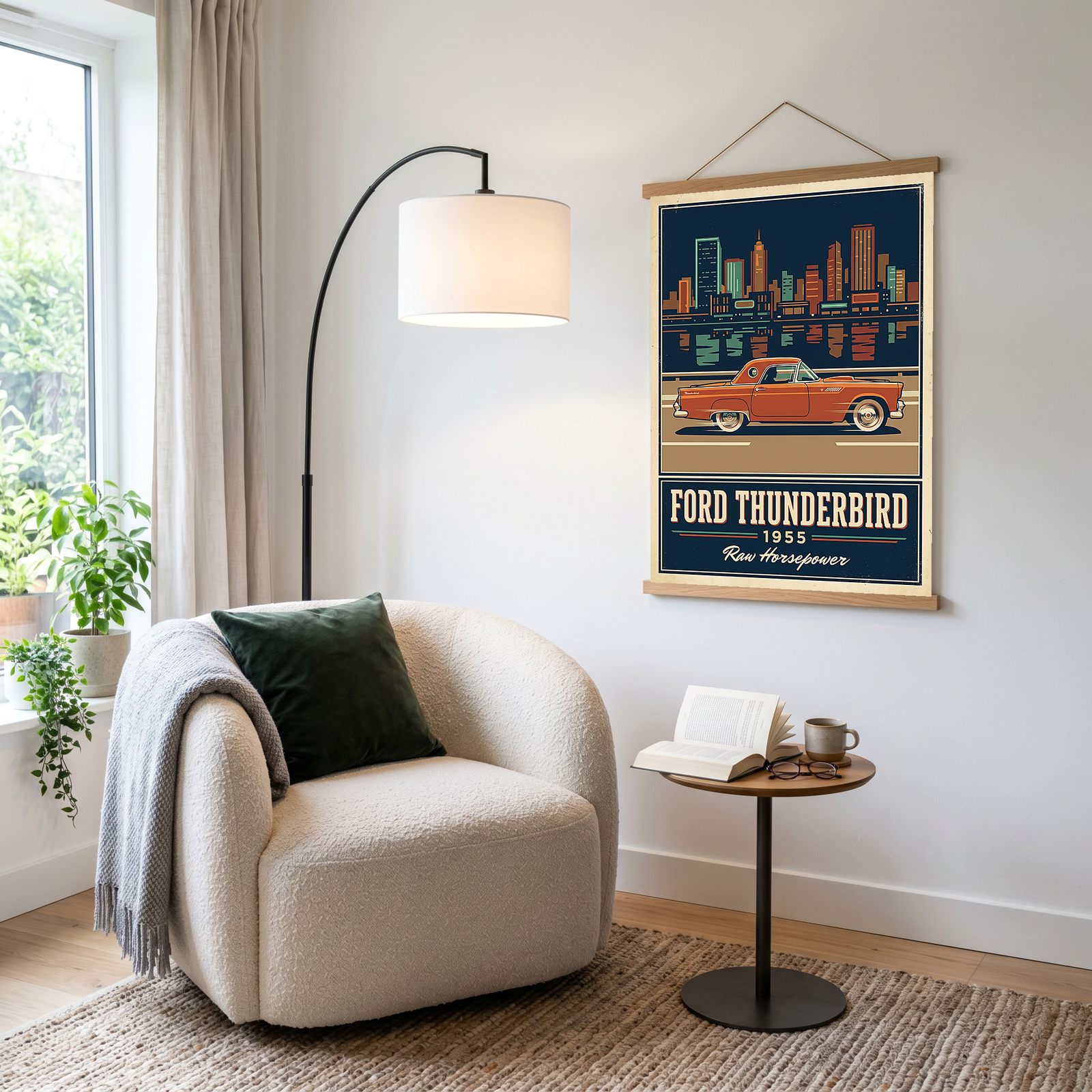 Ford Thunderbird 1955 Poster — Vintage Two-Seater Convertible City Skyline Print