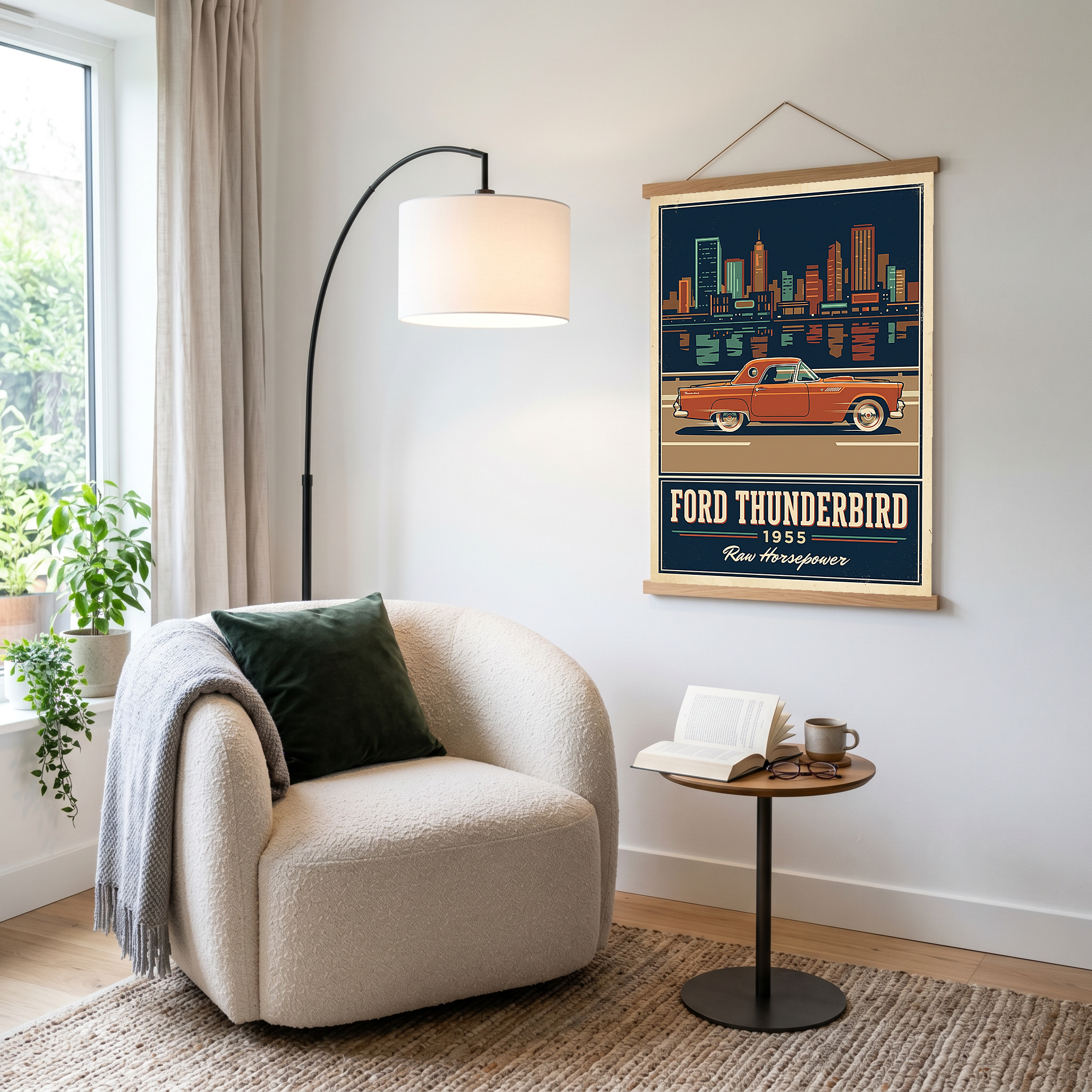 Ford Thunderbird 1955 Poster — Vintage Two-Seater Convertible City Skyline Print
