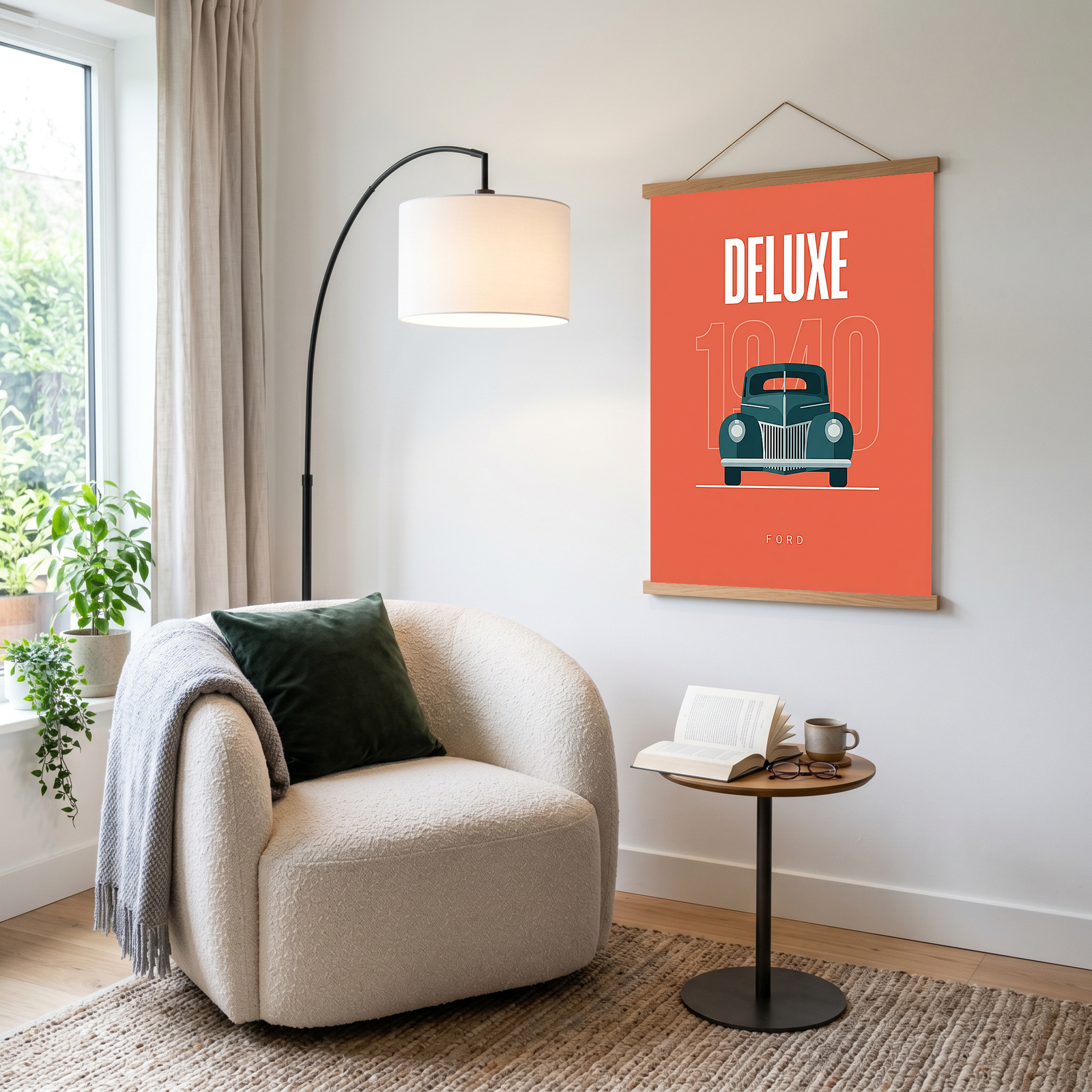 Ford Deluxe 1940 Minimalist Poster — Coral Pre-War Classic Line Art