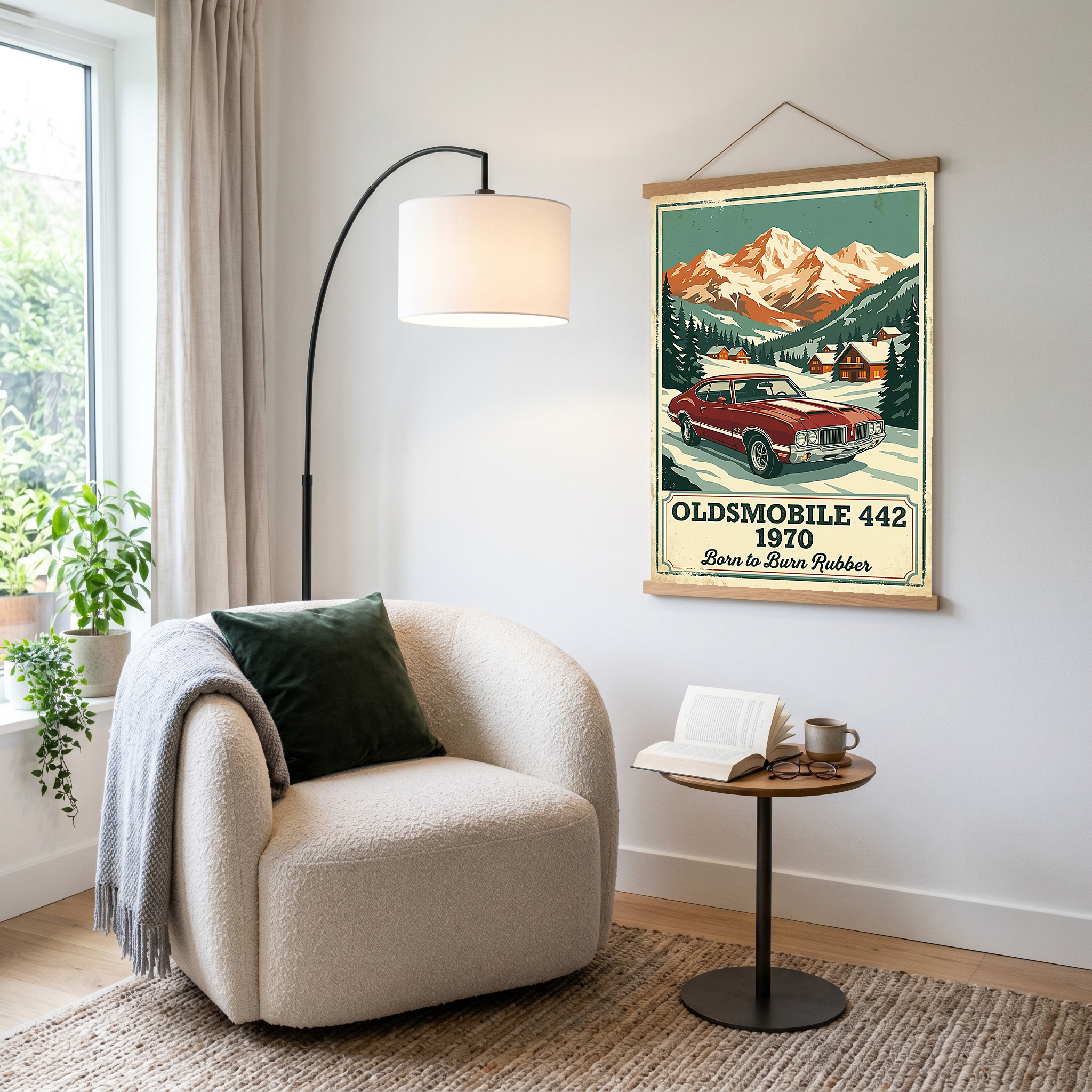 Oldsmobile 442 1970 V2 Poster — Vintage Muscle Winter Alpine Village Print