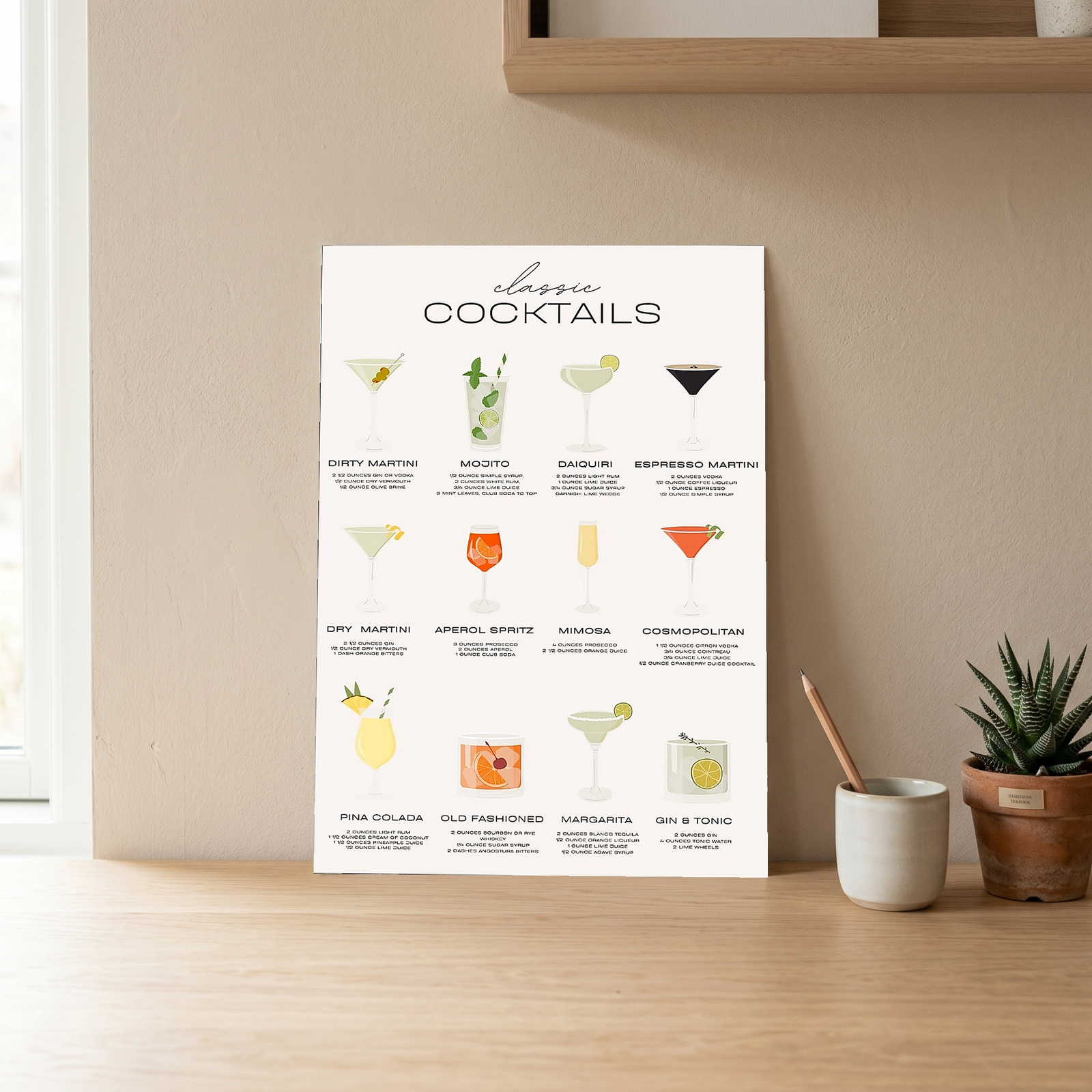 Classic Cocktails Wall Art Print — Vintage Bar Menu Poster