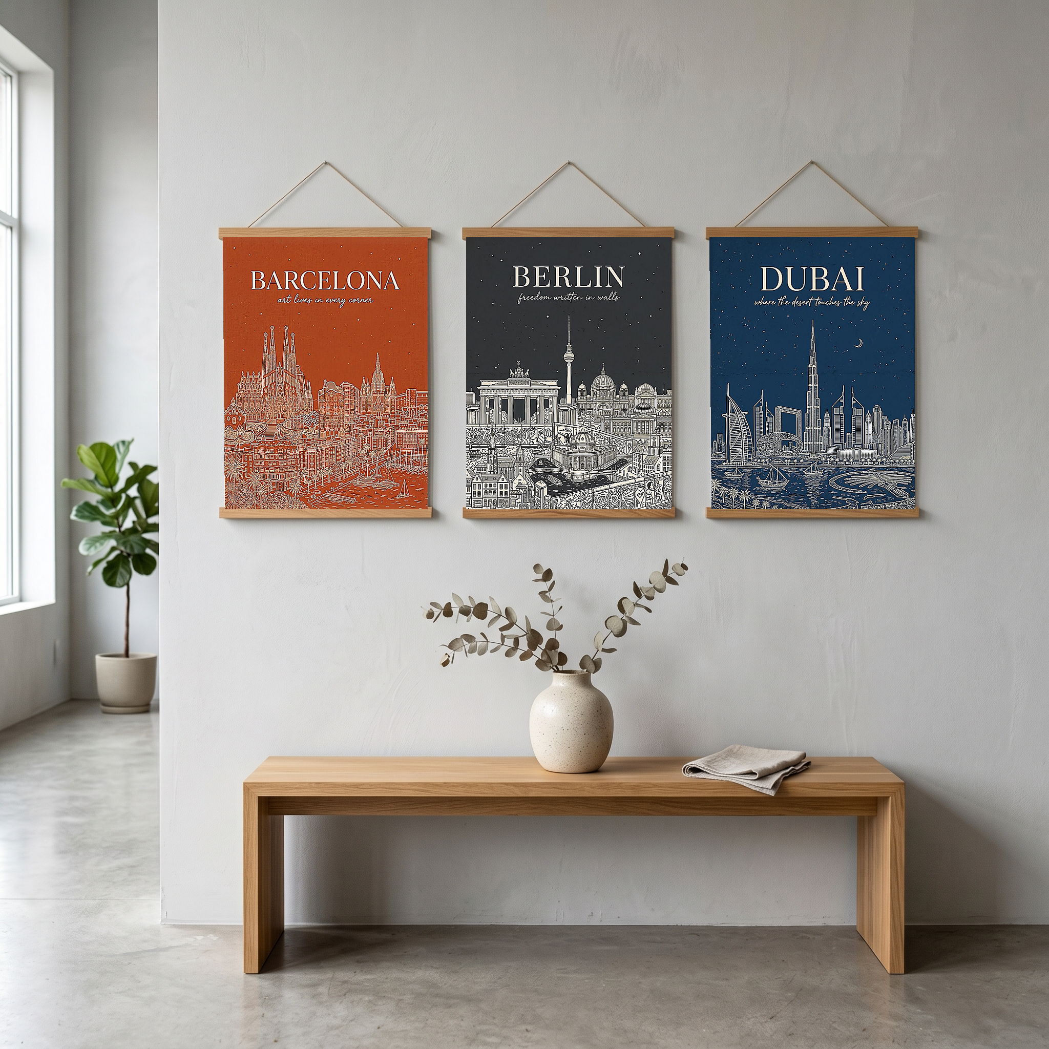 Barcelona Line Art Print — Burnt Orange Sagrada Familia Skyline Wall Art