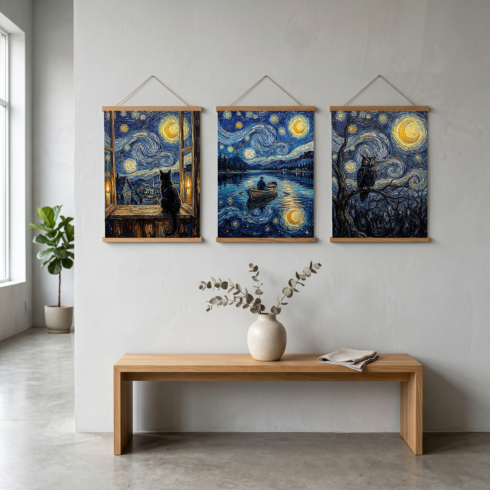 Black Cat Window Print — Van Gogh Starry Night Cozy Cottage Wall Art