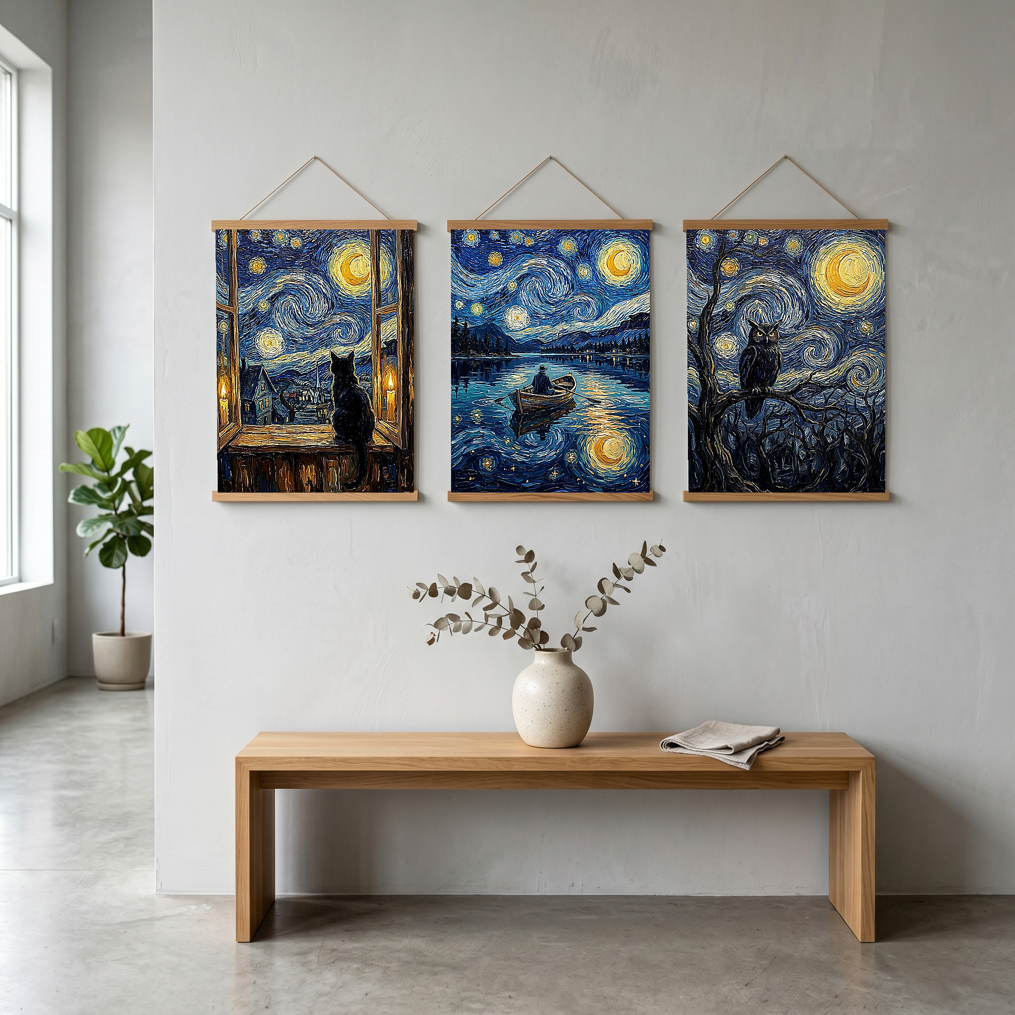 Black Cat Window Print — Van Gogh Starry Night Cozy Cottage Wall Art