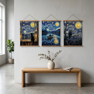Black Cat Window Print — Van Gogh Starry Night Cozy Cottage Wall Art