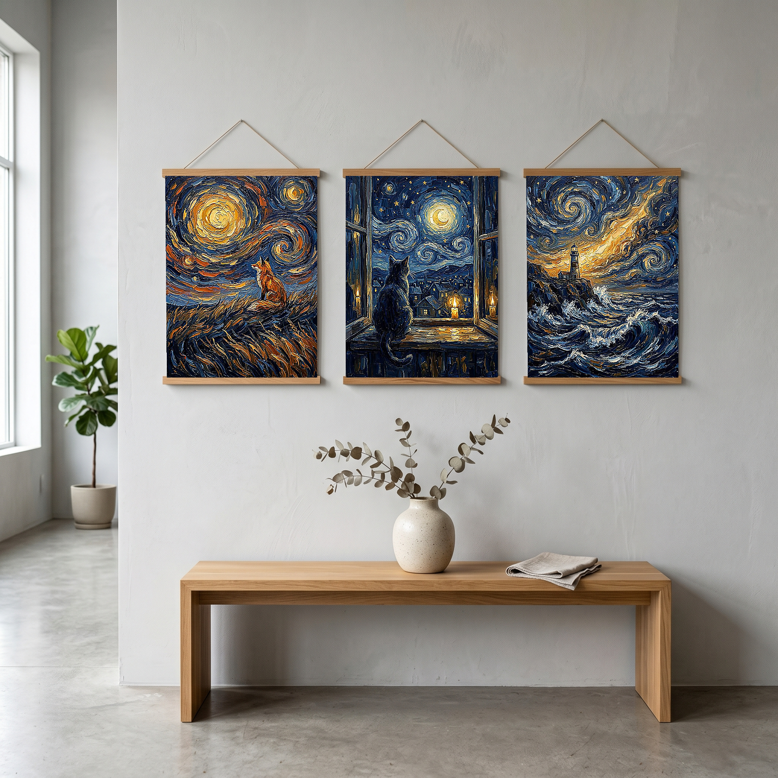 Lone Fox Starry Night Print — Van Gogh-Style Wildlife Hillside Wall Art