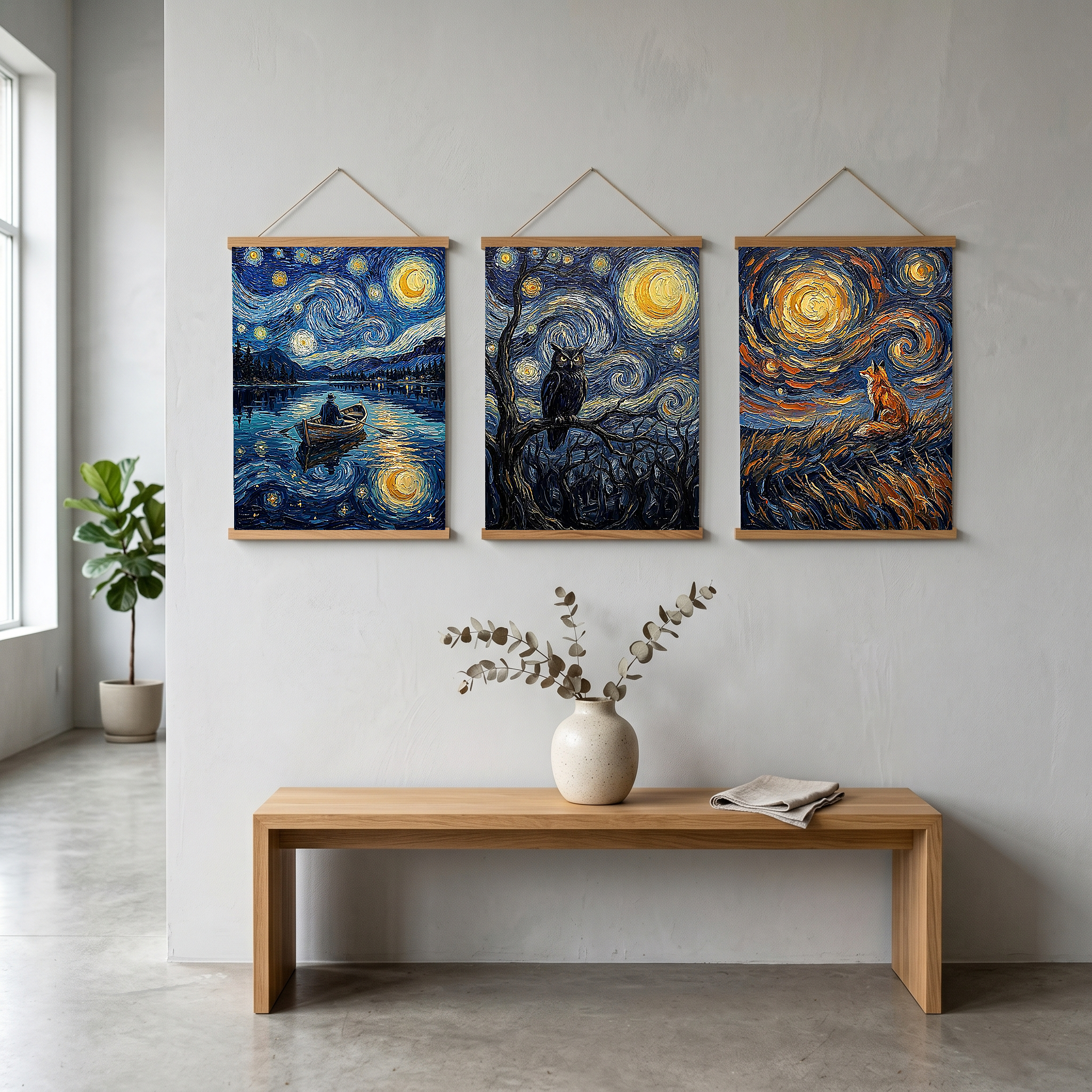Moonlit Lake Rowboat Print — Van Gogh-Style Night Fishing Cabin Wall Art