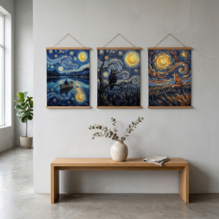 Moonlit Lake Rowboat Print — Van Gogh-Style Night Fishing Cabin Wall Art