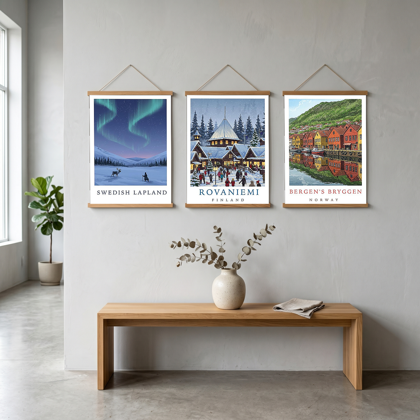 Swedish Lapland Travel Poster — Northern Lights Reindeer Sami Print