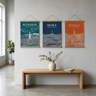 Reykjavik Line Art Print — Teal Hallgrímskirkja Aurora Skyline Wall Art