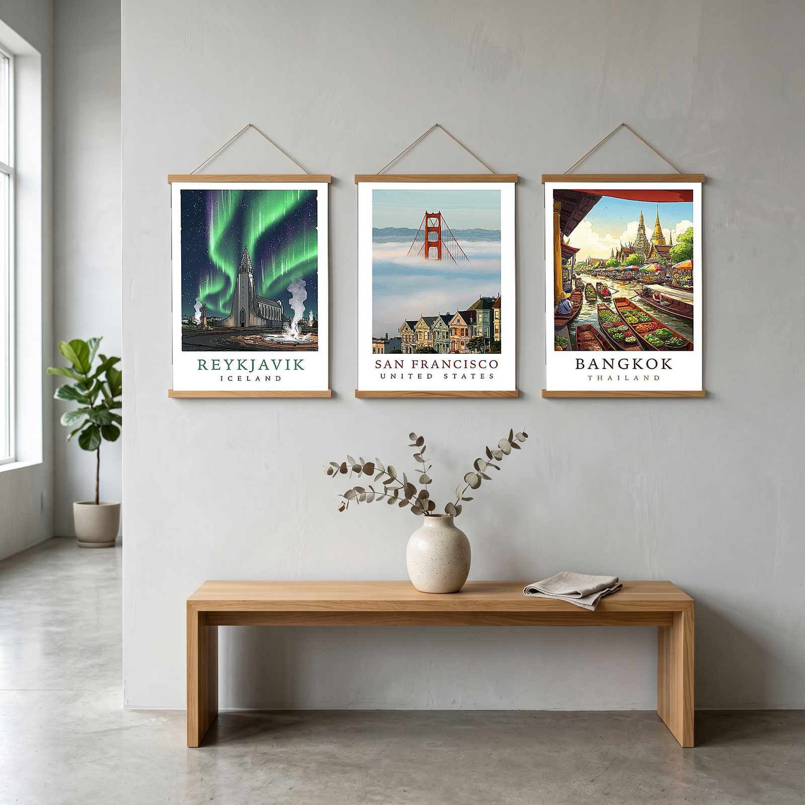 Reykjavik Iceland Travel Poster — Hallgrímskirkja Northern Lights Print