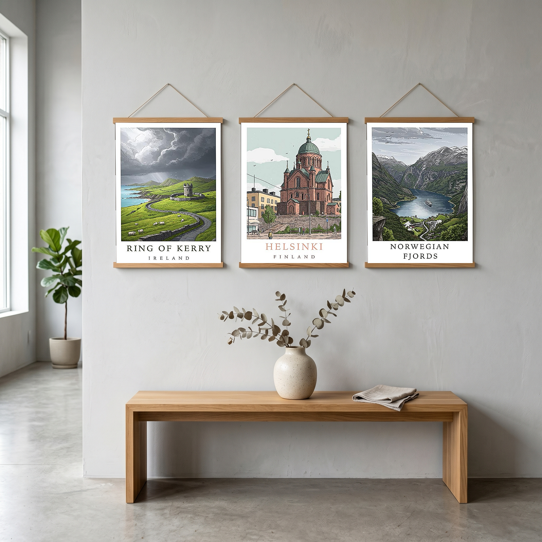 Ring of Kerry Ireland Travel Poster — Coastal Castle Sheep Stone Wall Print