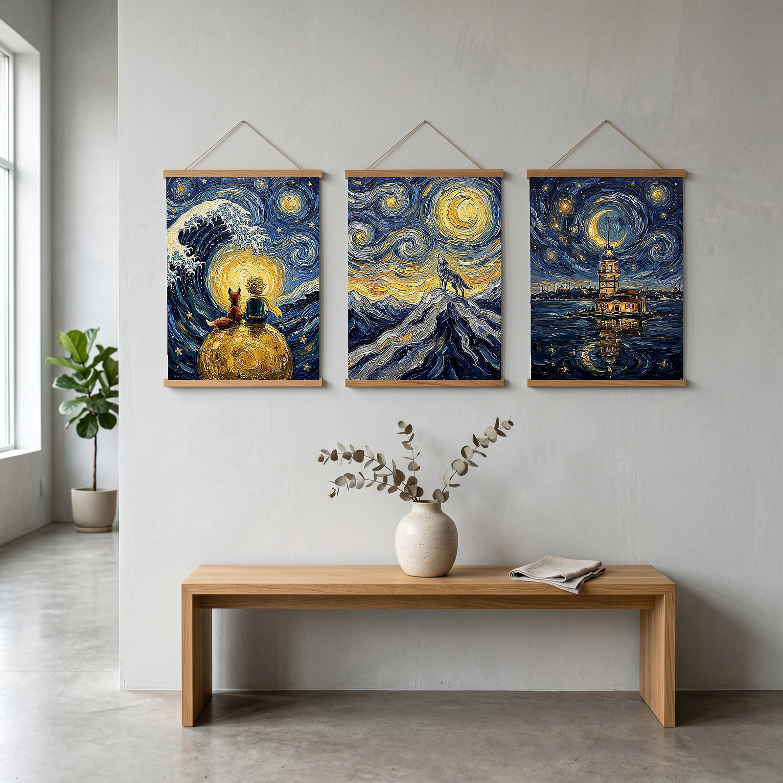Little Prince Fox &amp; Planet Print — Van Gogh-Style Nursery Wall Art