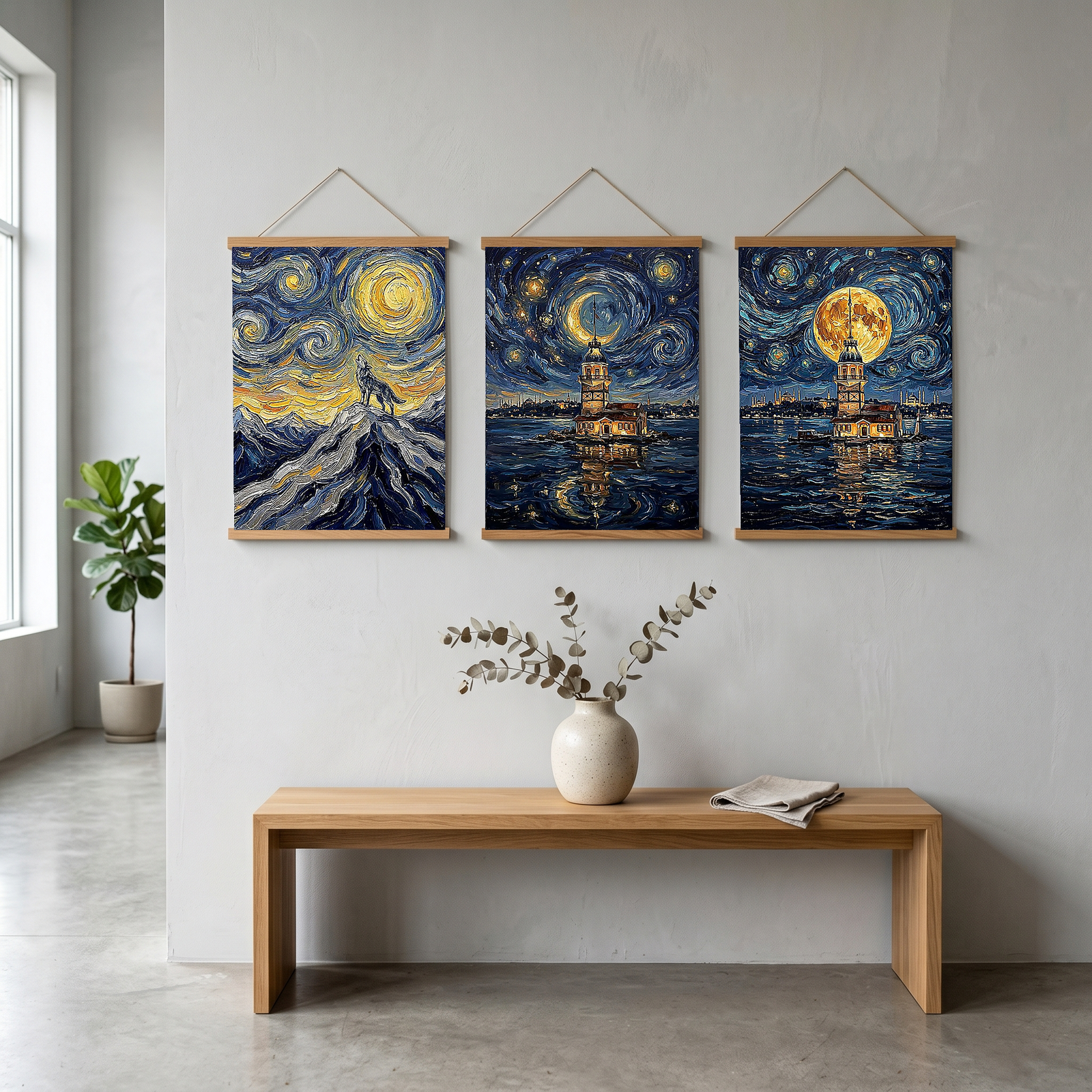 Lone Wolf Howling Mountain Peak Print — Van Gogh Starry Night Wall Art