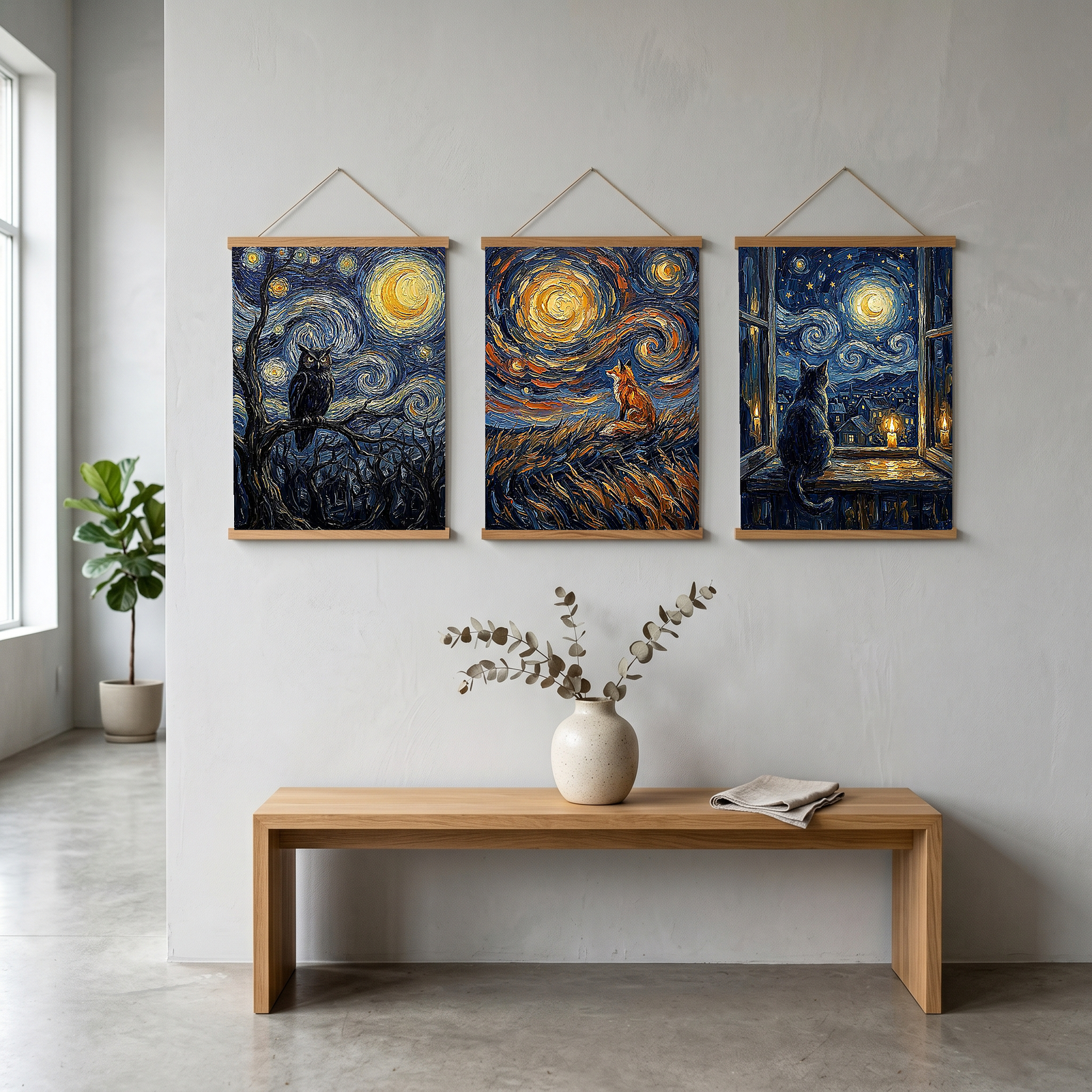 Wise Owl Starry Night Print — Van Gogh-Style Mystical Forest Wall Art