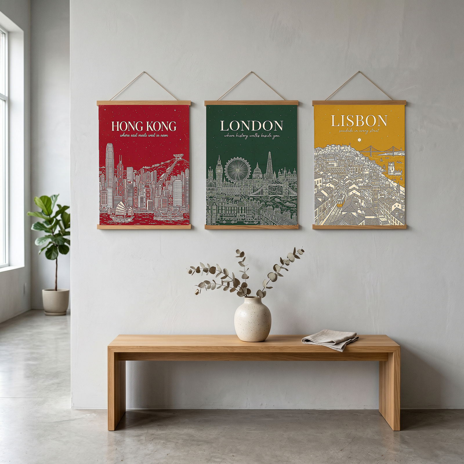 Hong Kong Line Art Print — Crimson Victoria Harbour Skyline Junk Boat Wall Art