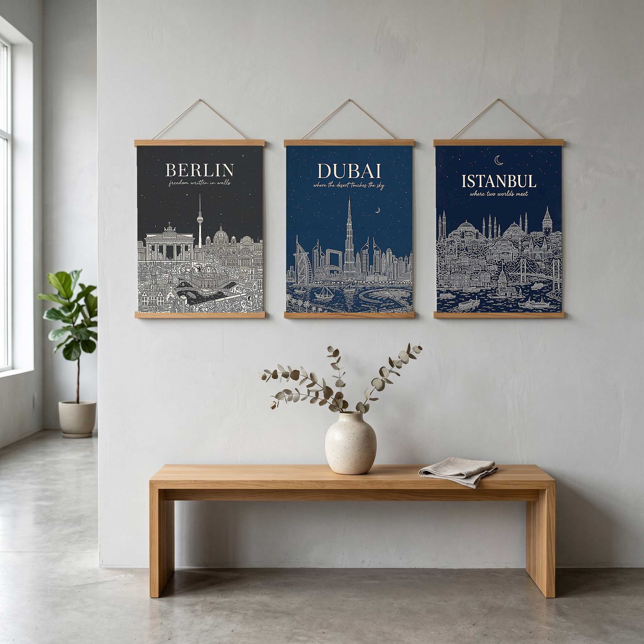 Berlin Line Art Print — Charcoal Brandenburg Gate TV Tower Skyline Wall Art