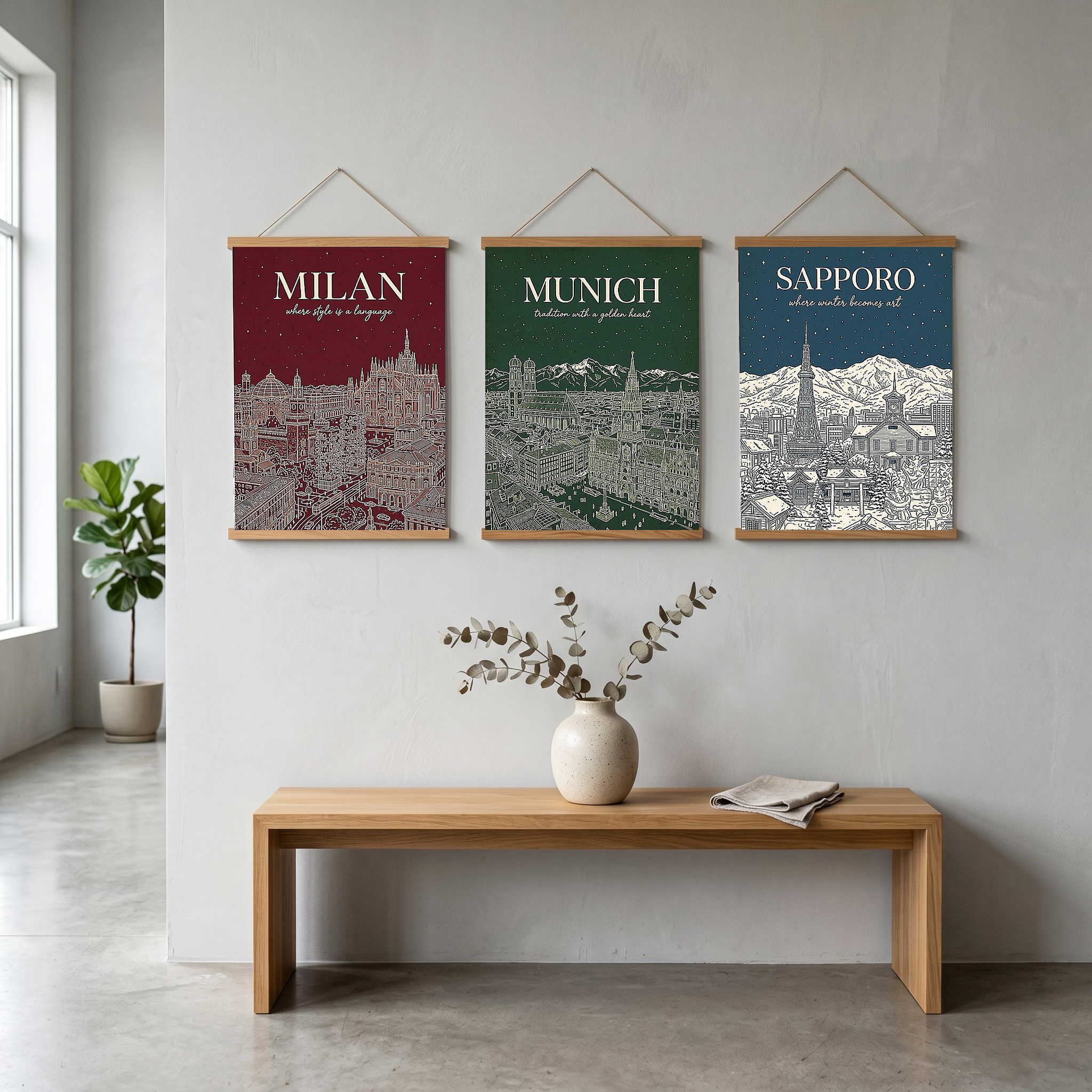 Milan Line Art Print — Wine Red Duomo Skyline Wall Art