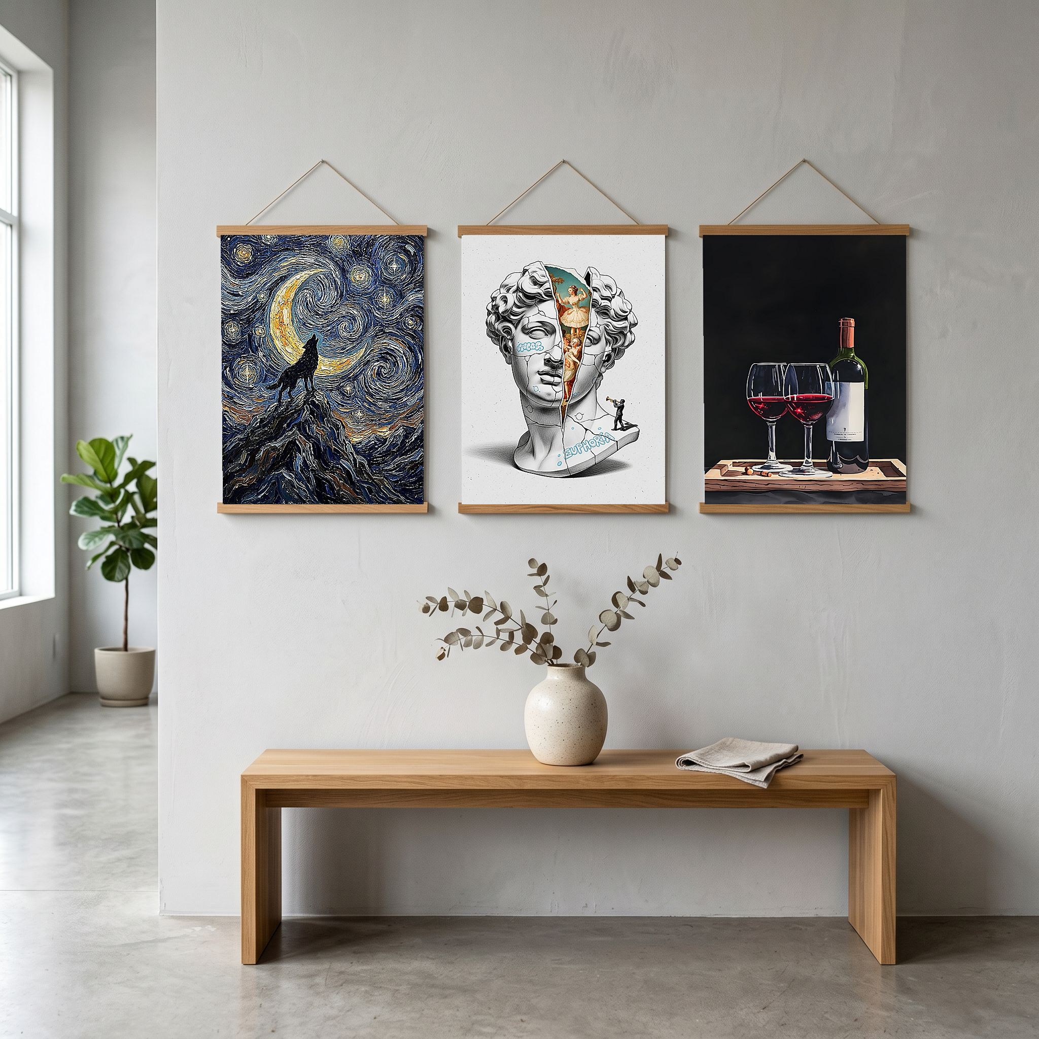 Black Wolf Howling Crescent Moon Print — Van Gogh-Style Mountain Wall Art