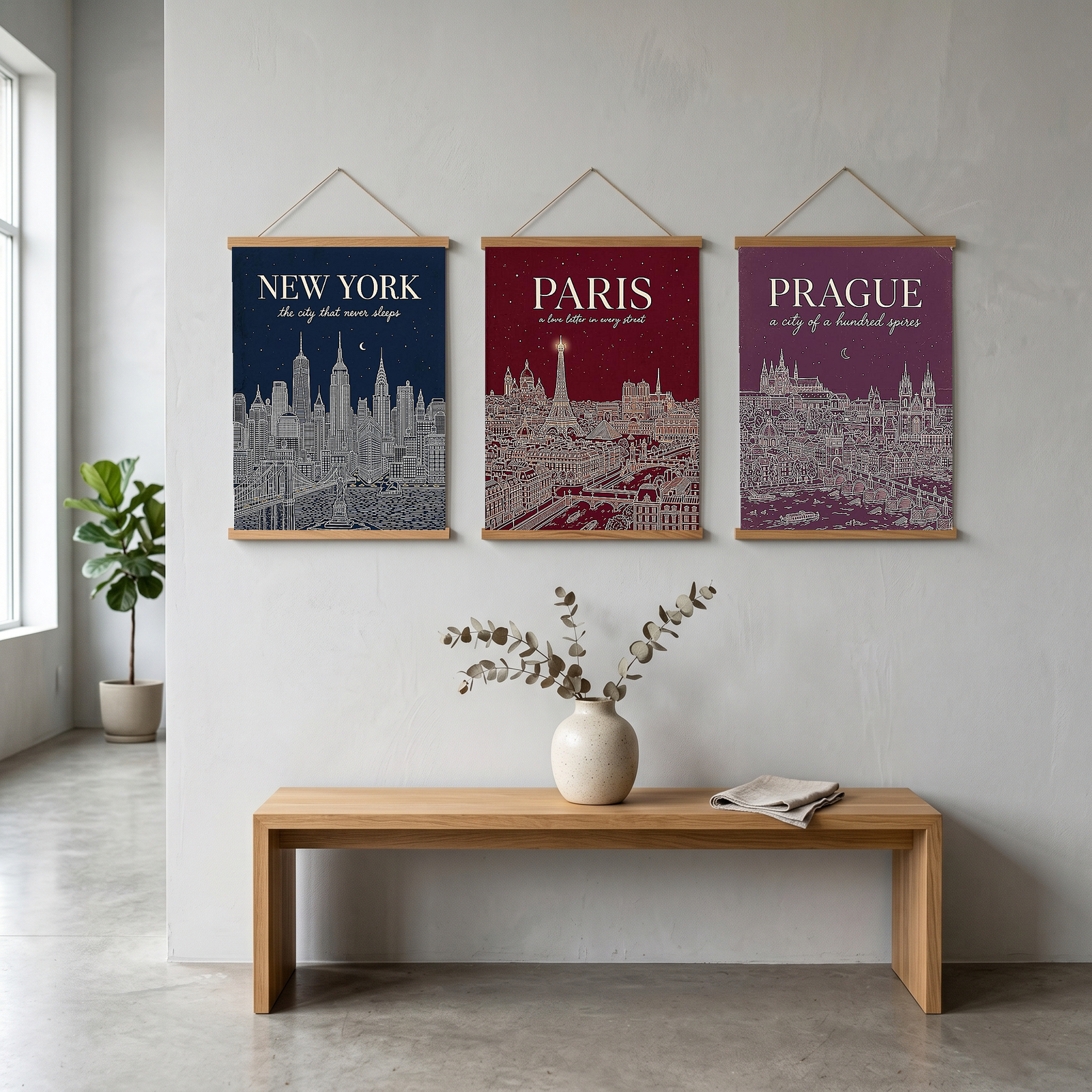 New York Line Art Print — Navy Manhattan Skyline Empire State Brooklyn Bridge Wall Art