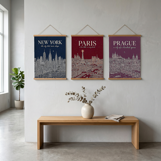 New York Line Art Print — Navy Manhattan Skyline Empire State Brooklyn Bridge Wall Art