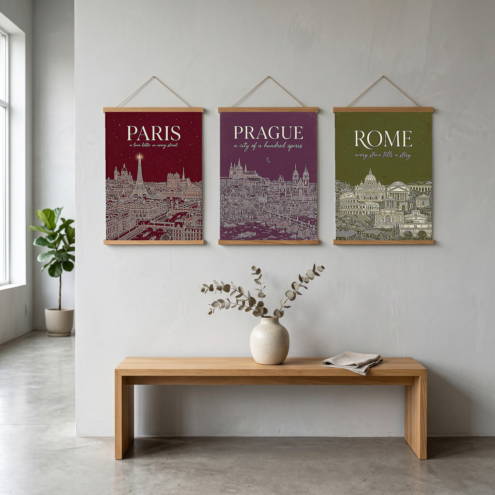 Paris Line Art Print — Burgundy Eiffel Tower Skyline Wall Art