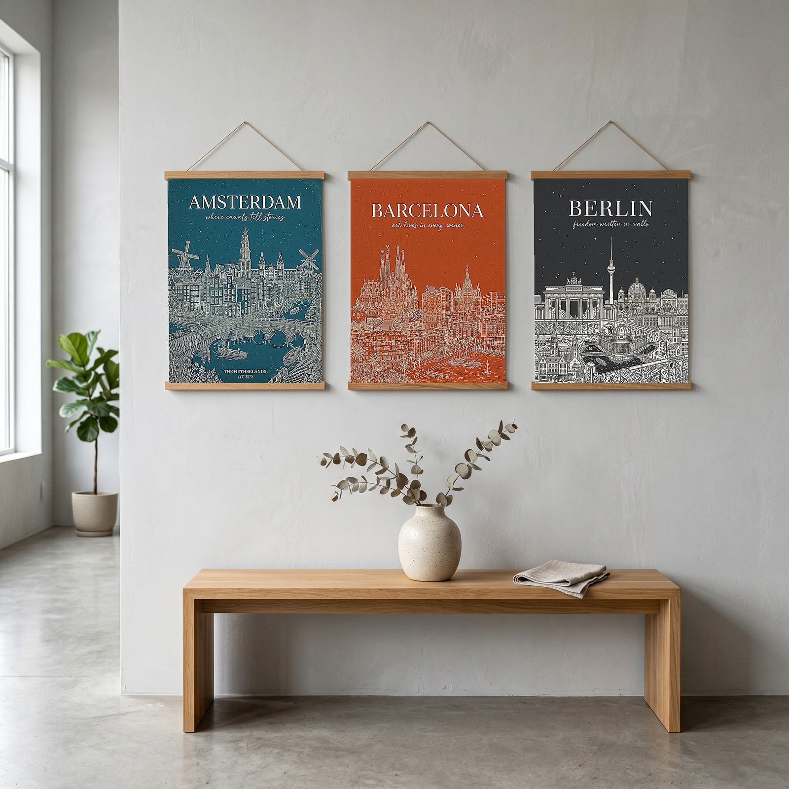 Amsterdam Line Art Print — Teal Canal Windmill Skyline Wall Art