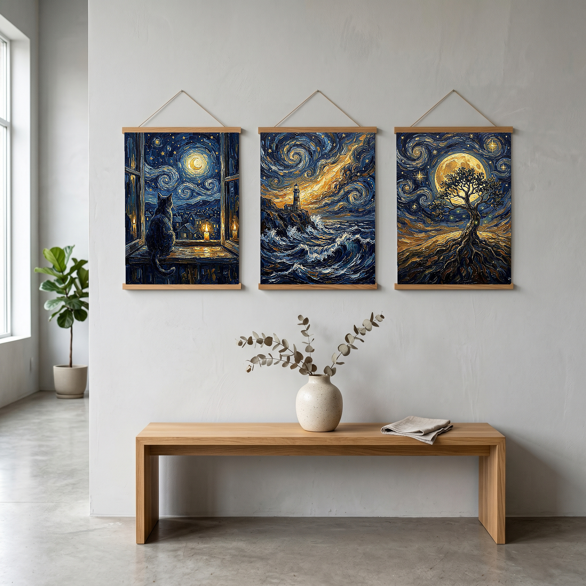 Cat at Candlelit Window Print — Van Gogh Starry Night Village Wall Art